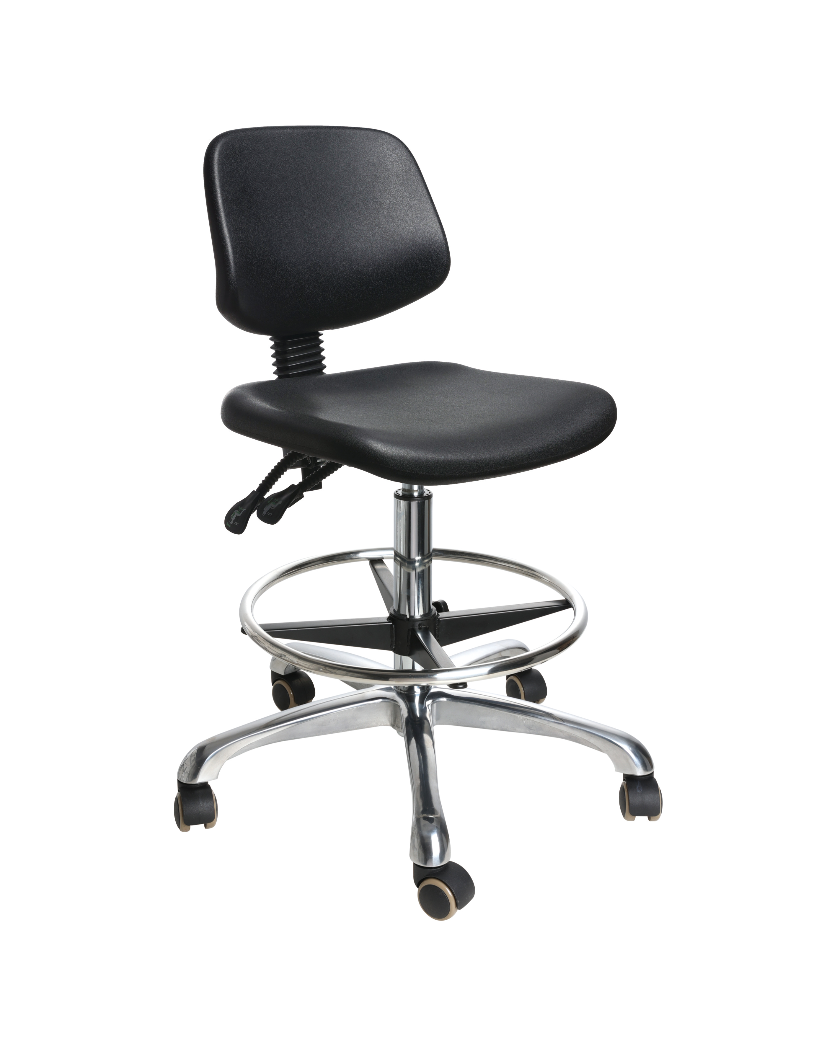 Black Heavy Duty Industrial Polyurethane Chair with Chrome Foot Ring Laboratory Chair
