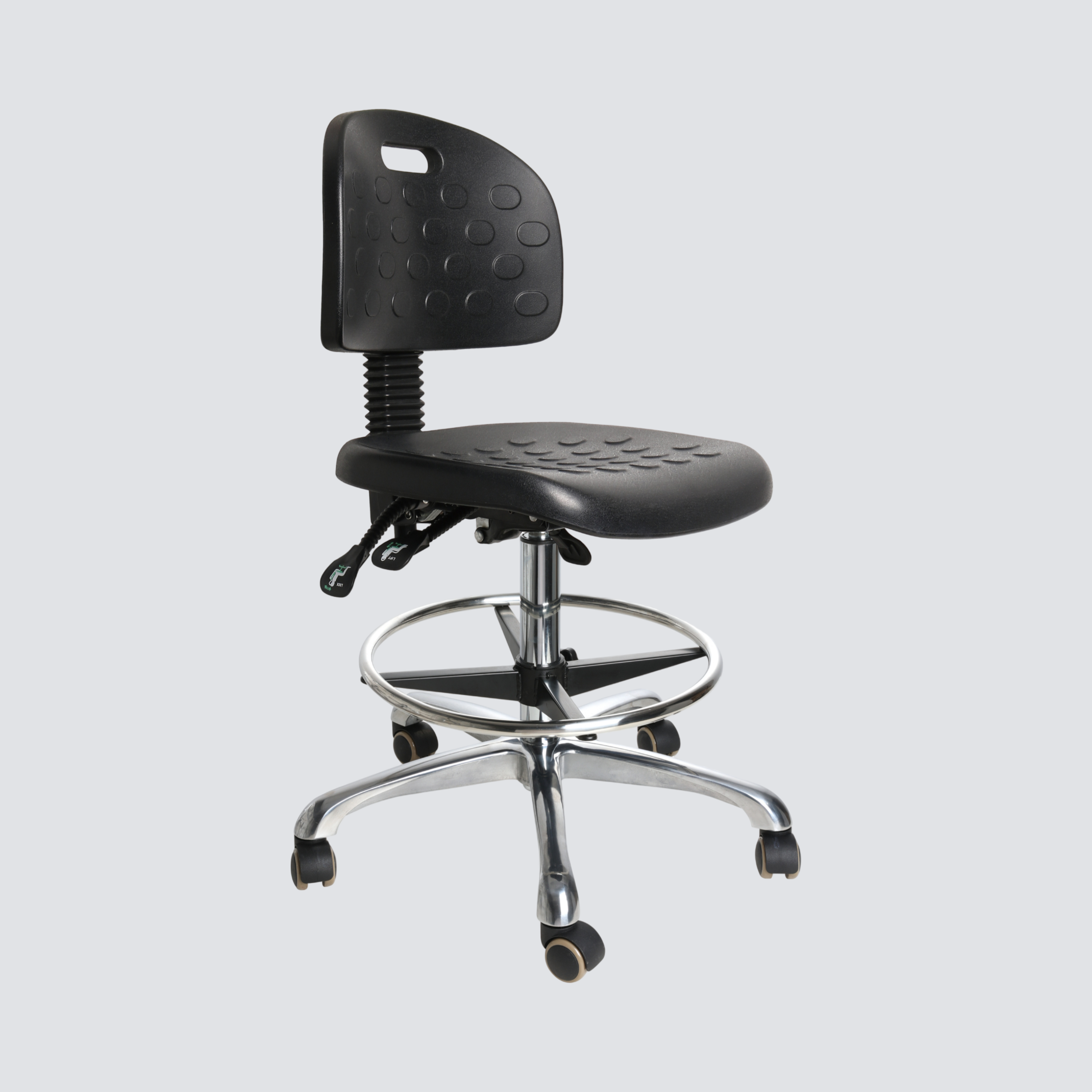 Industrial Polyurethane Laboratory Stool Casters Adjustable Chrome Foot Ring