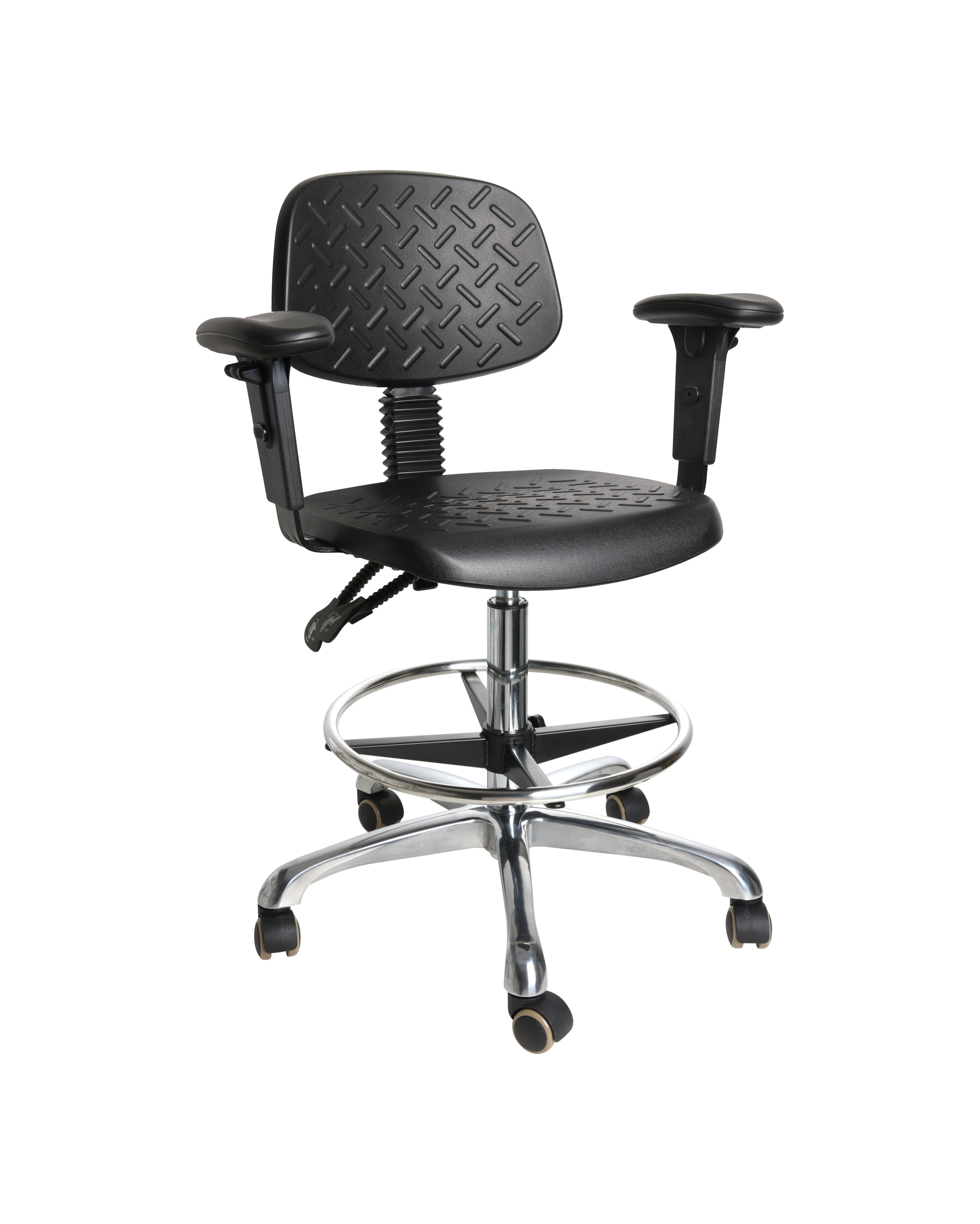 Industrial PU Adjustable Swivel Chair with Chrome Foot Ring and Casters Lab Seating