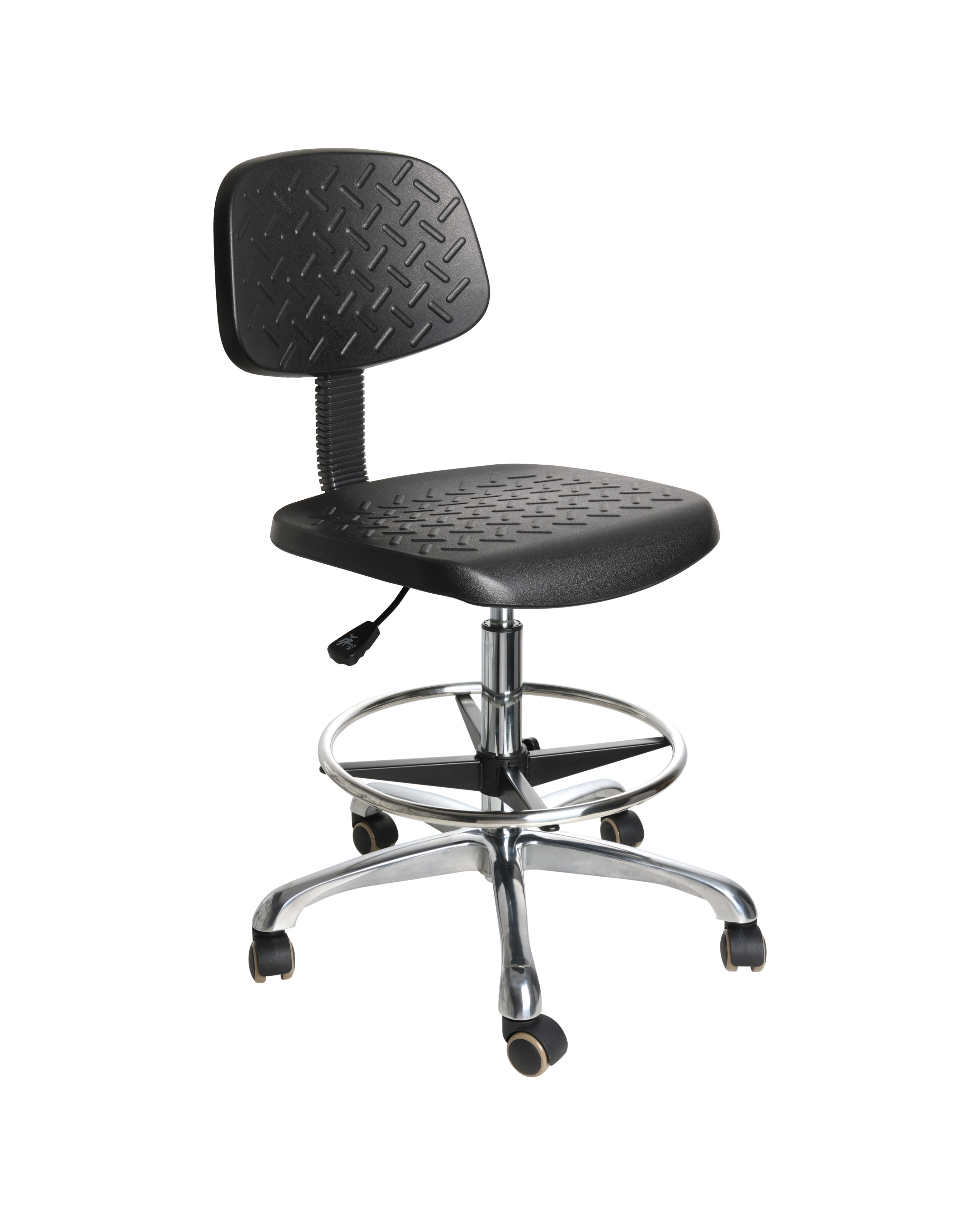 Industrial PU Adjustable Swivel Chair with Chrome Foot Ring and Casters Lab Seating