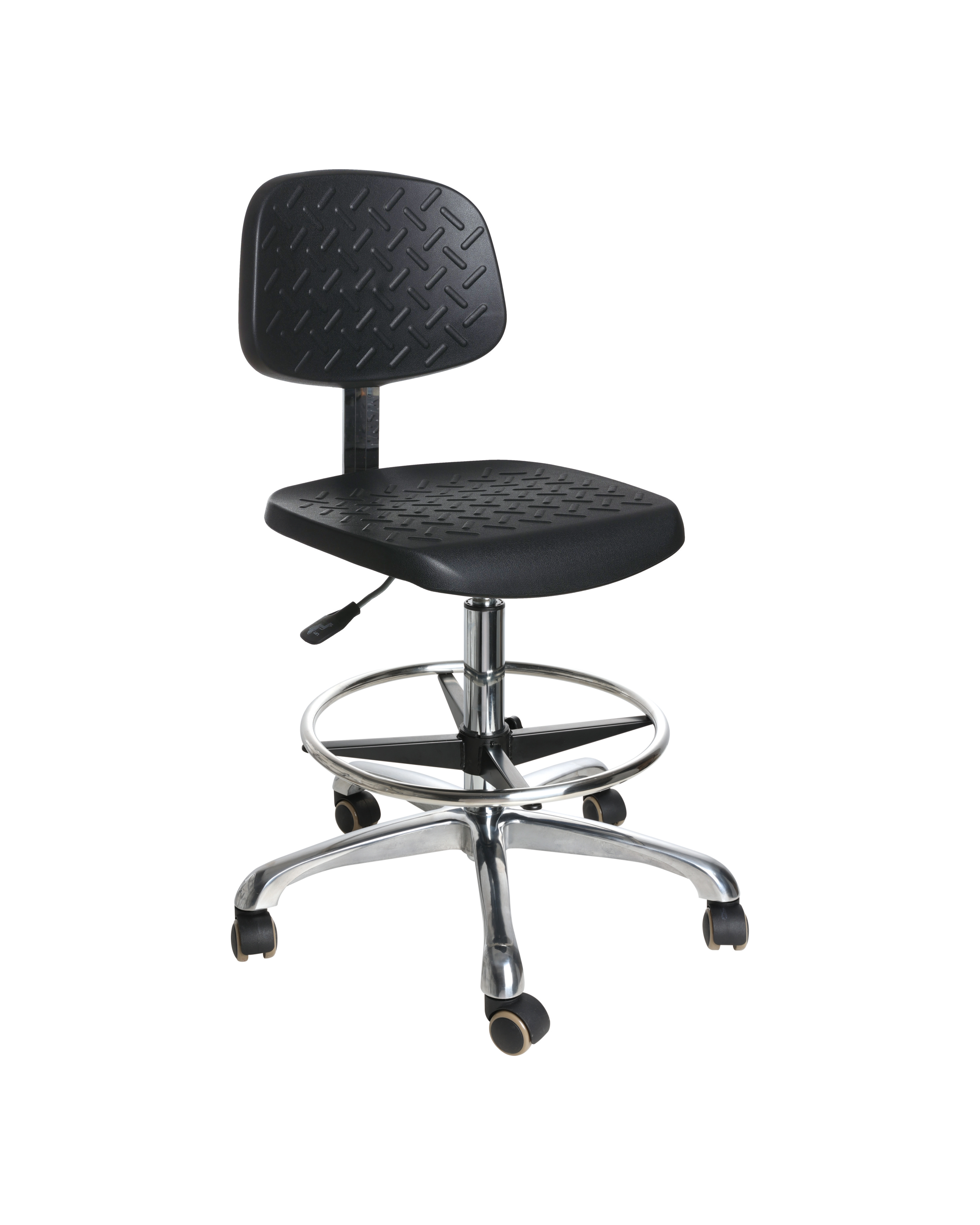 Industrial PU Adjustable Swivel Chair with Chrome Foot Ring and Casters Lab Seating