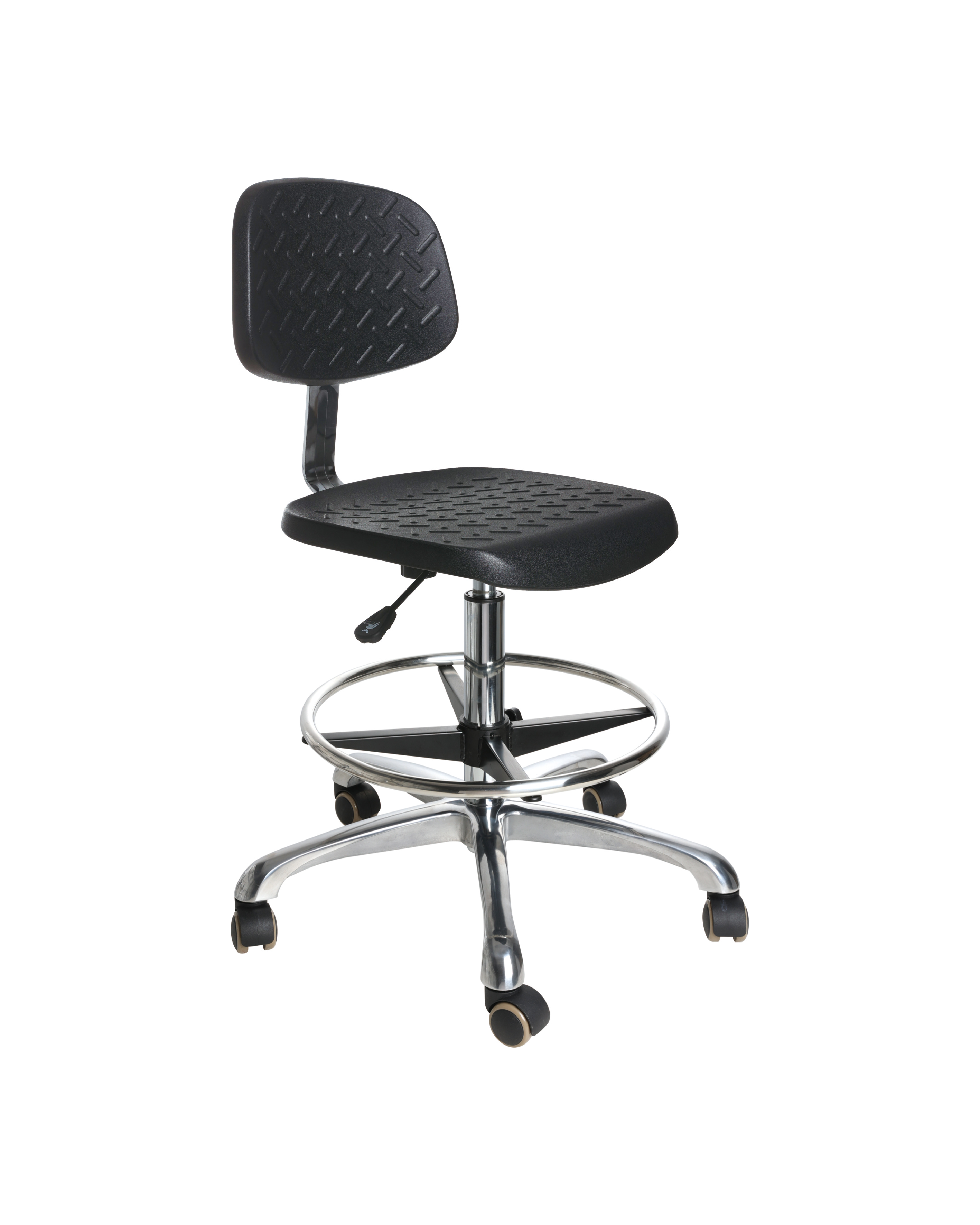 Industrial PU Adjustable Swivel Chair with Chrome Foot Ring and Casters Lab Seating