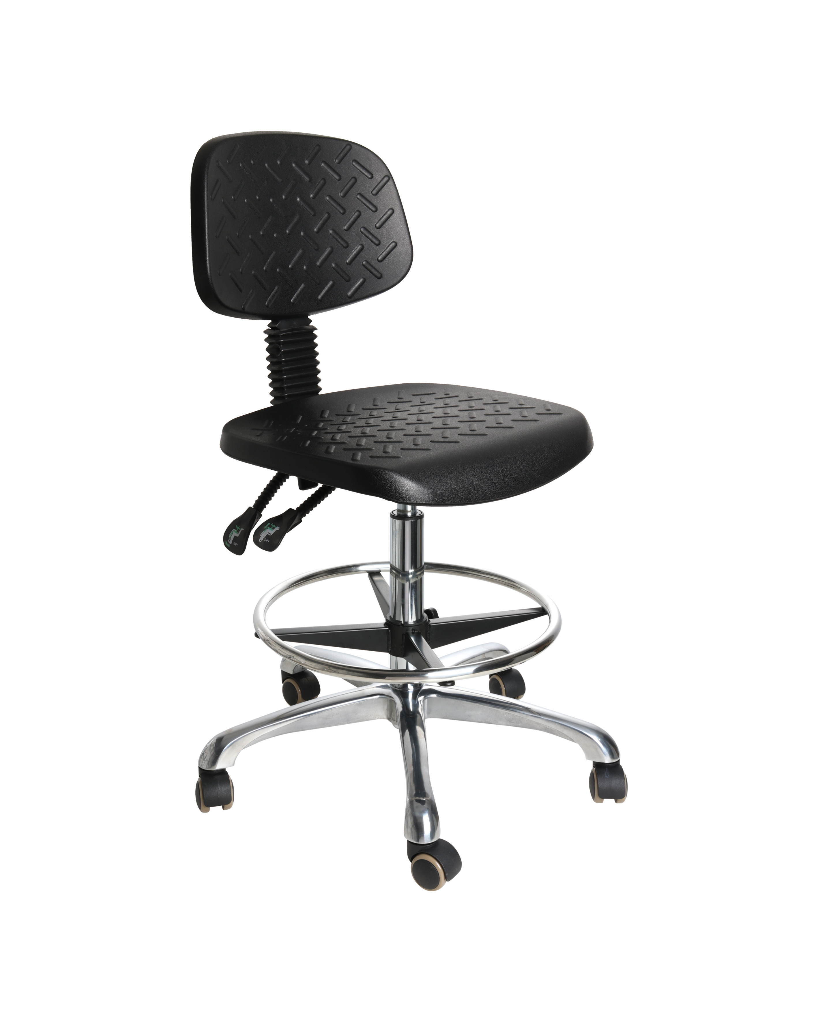 Industrial PU Adjustable Swivel Chair with Chrome Foot Ring and Casters Lab Seating