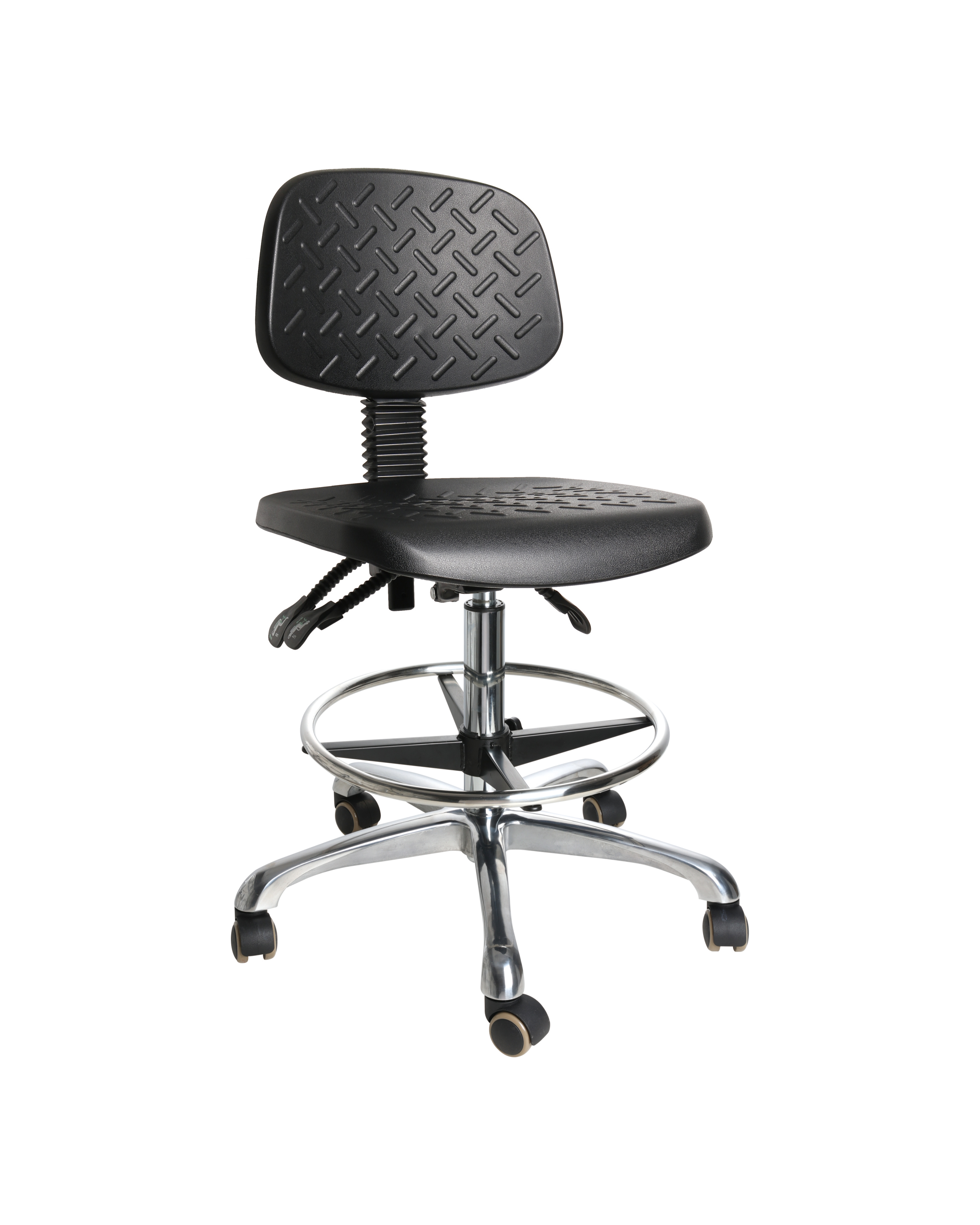 Industrial PU Adjustable Swivel Chair with Chrome Foot Ring and Casters Lab Seating