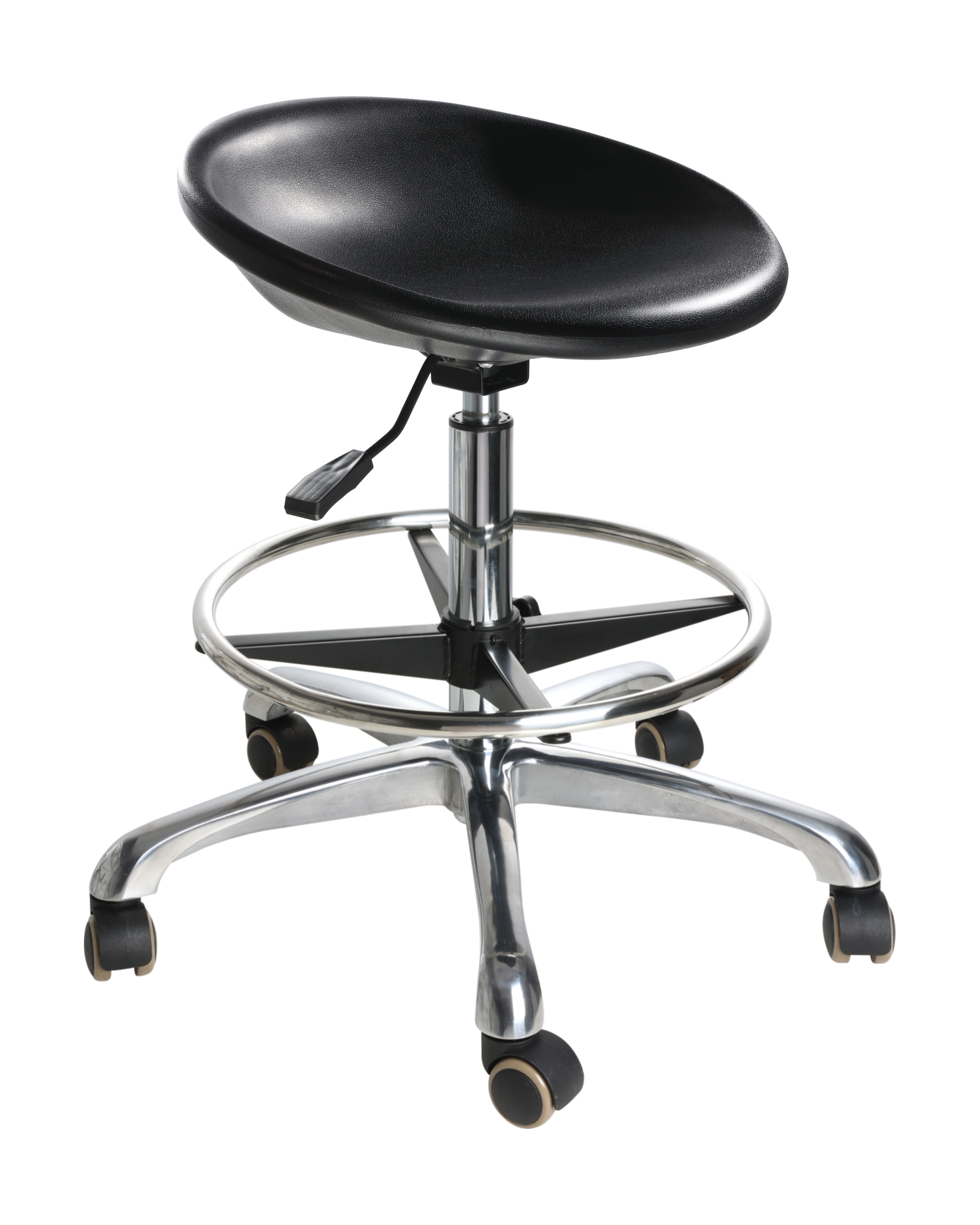 Industrial Polyurethane Swivel Seating with Chrome Foot Ring and Casters Adjustable Lab Seating
