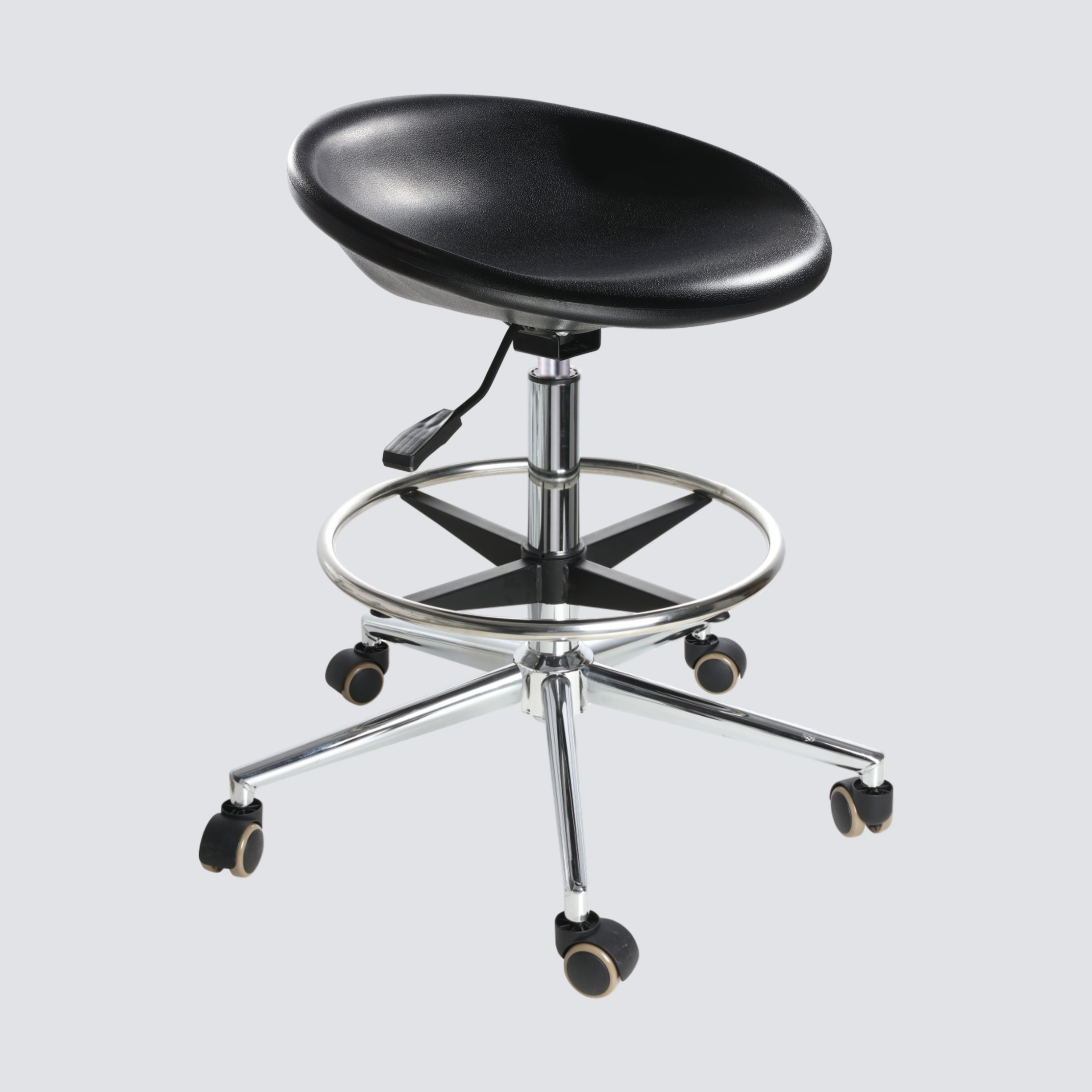 Industrial Polyurethane Laboratory Chair with Casters Adjustable Chrome Foot Ring