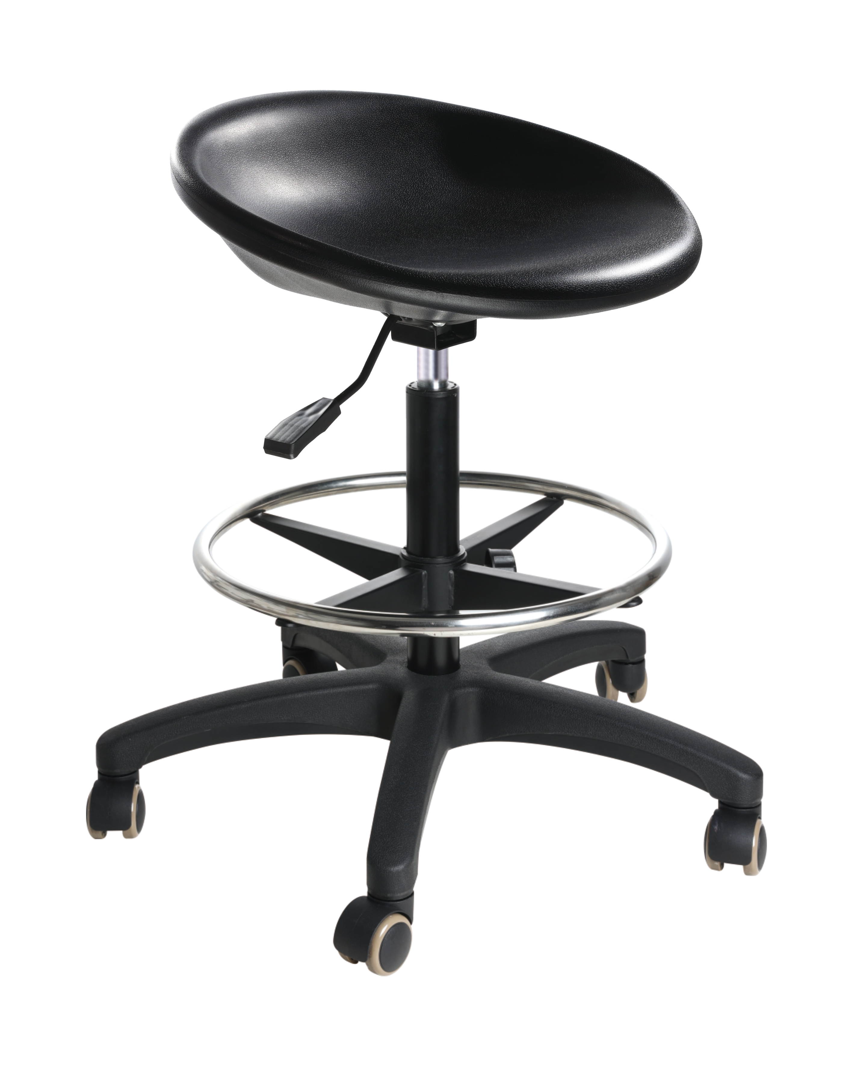 Industrial Polyurethane Swivel Seating with Chrome Foot Ring and Casters Adjustable Lab Seating