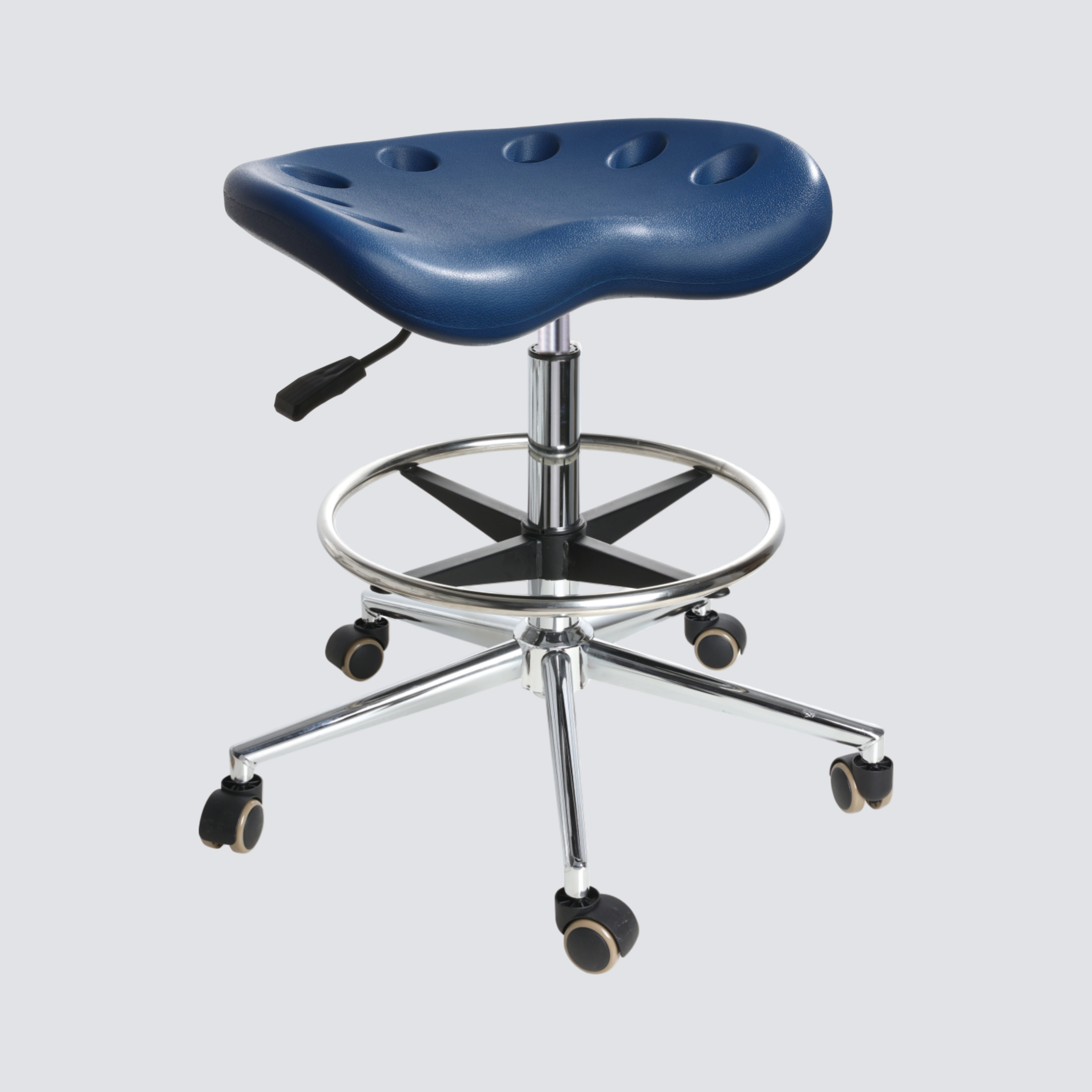 Industrial Polyurethane Laboratory Stool with Casters Adjustable Chrome Foot Ring