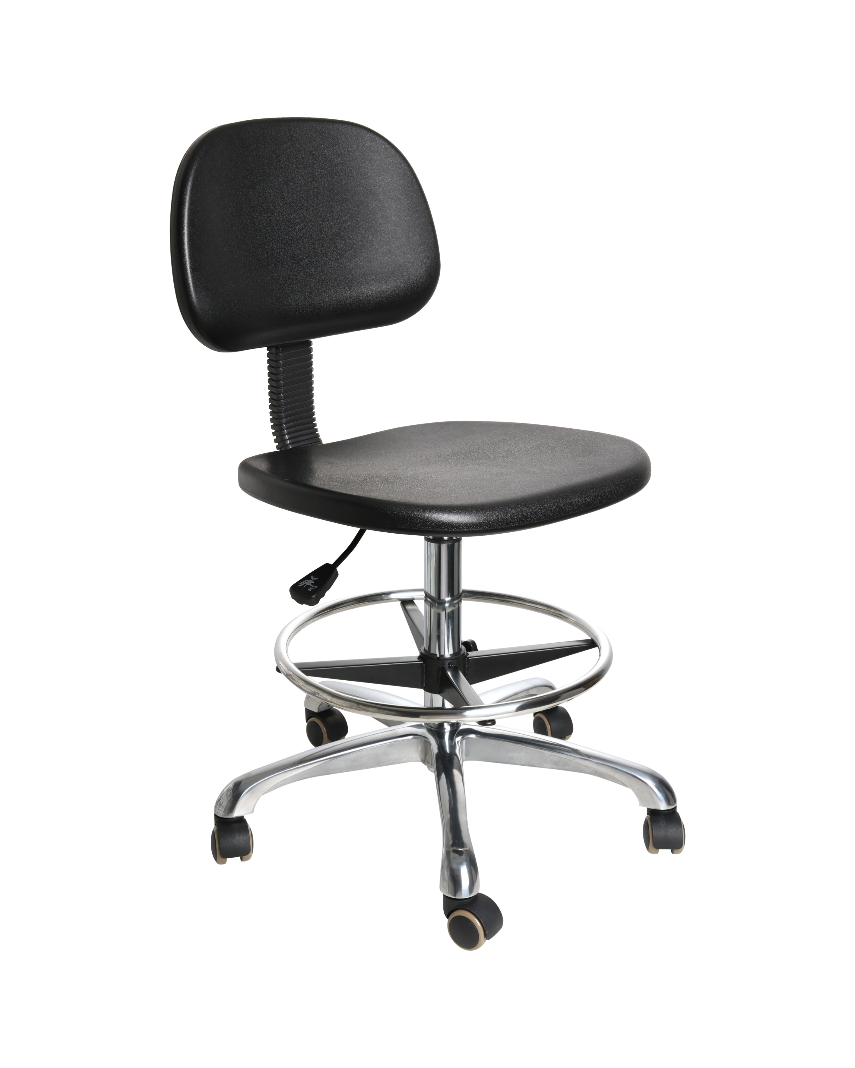 Industrial Polyurethane Lab Seating Chair with Chrome Foot Ring and Wheels