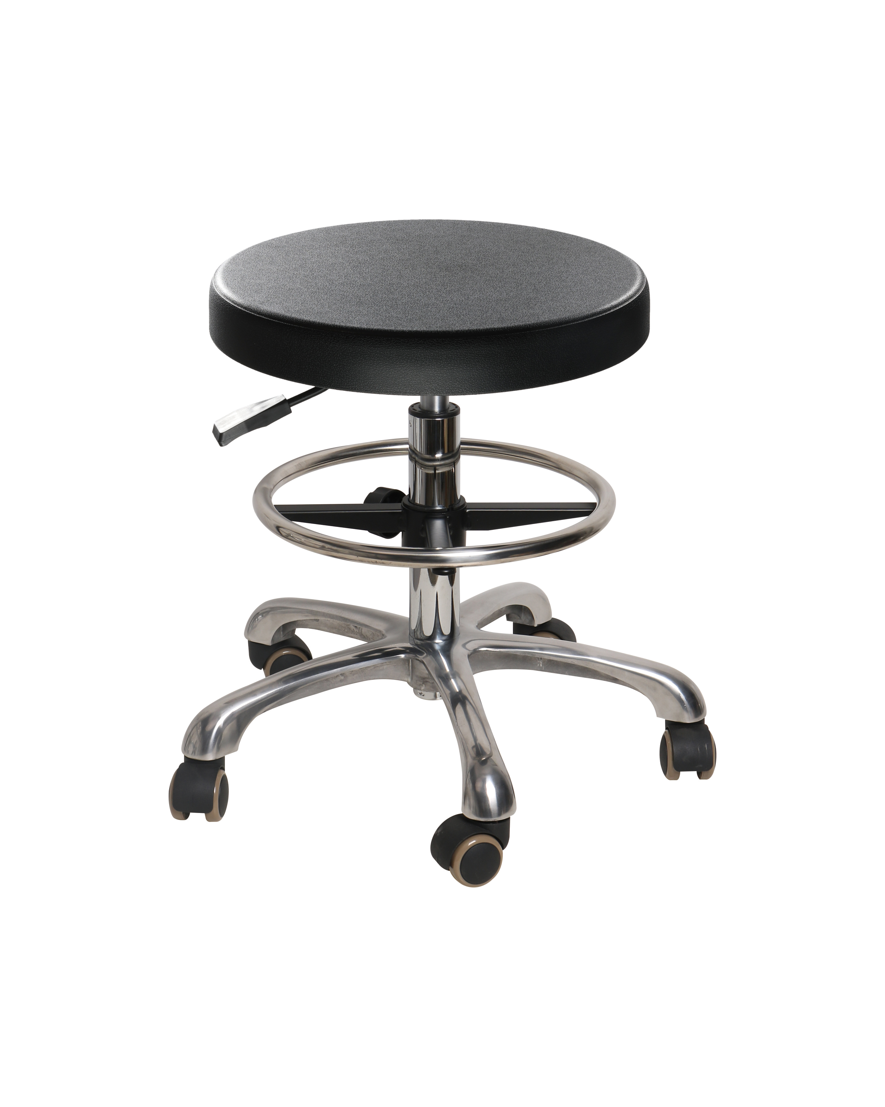 Industrial Polyurethane Adjustable Rolling Chair with Chrome Foot Ring and Casters Laboratory Chair