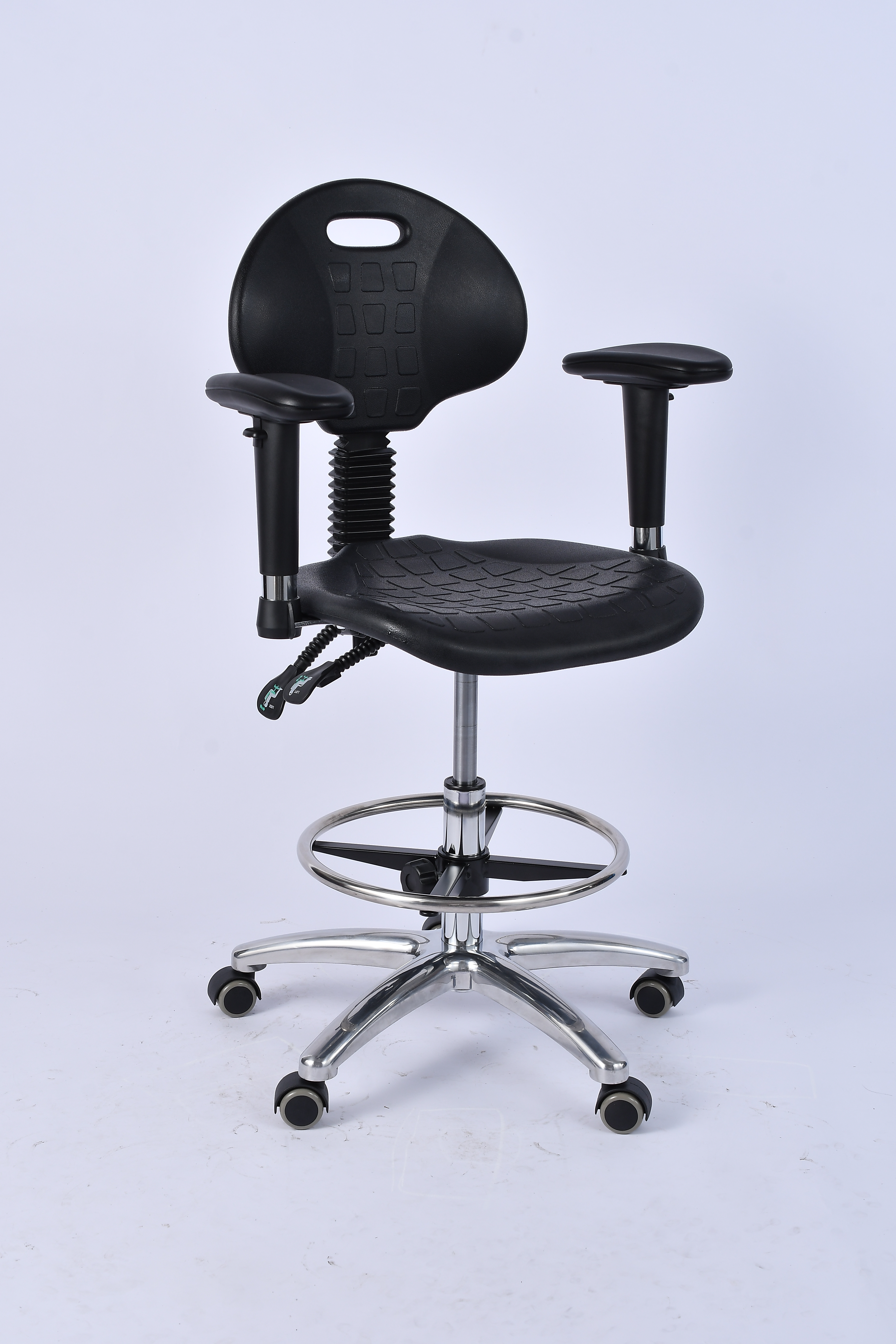 Industrial Polyurethane with Adjustable Casters and Chrome Foot Ring Laboratory Chair