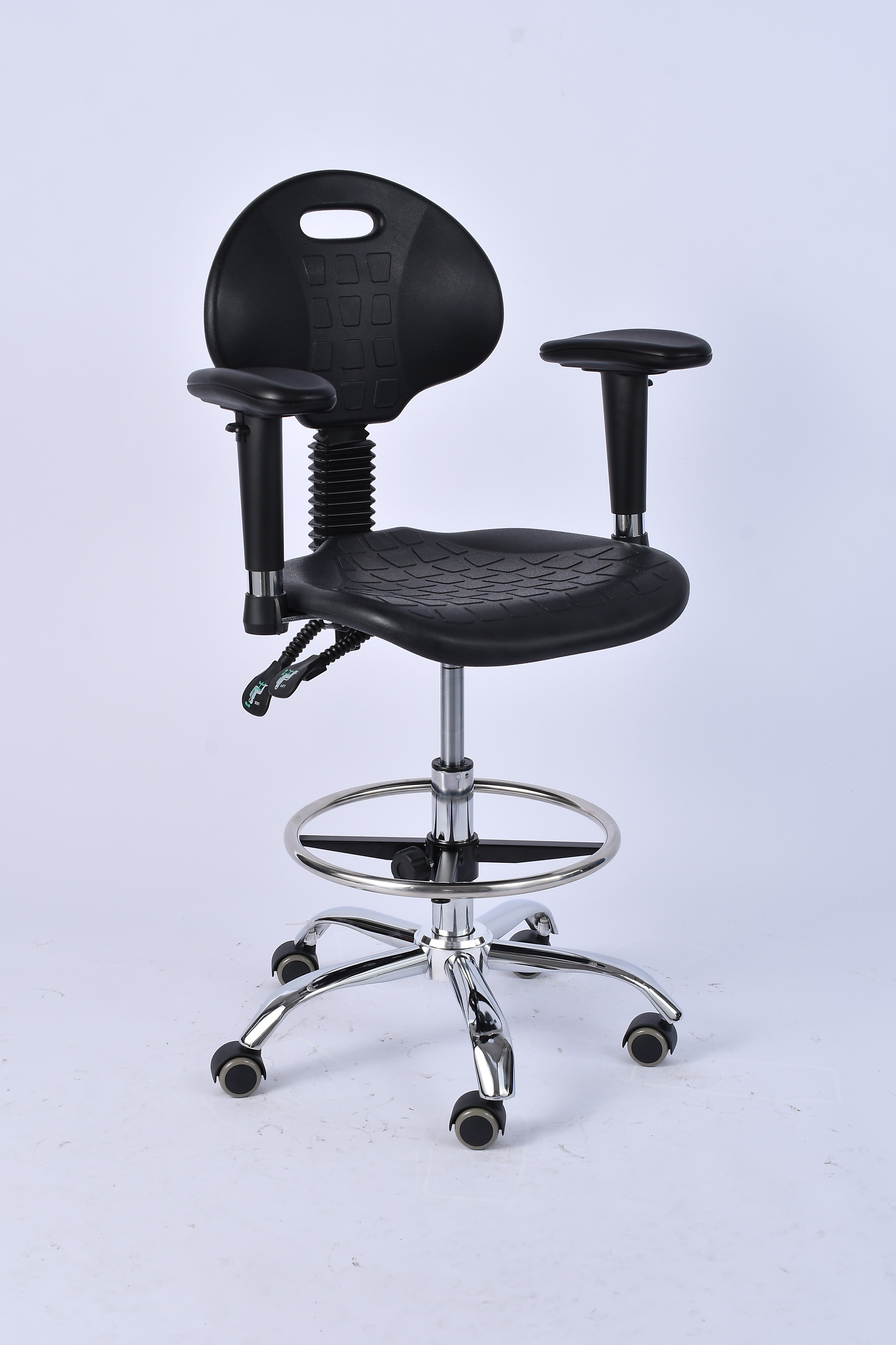 Industrial Polyurethane with Adjustable Casters and Chrome Foot Ring Laboratory Chair