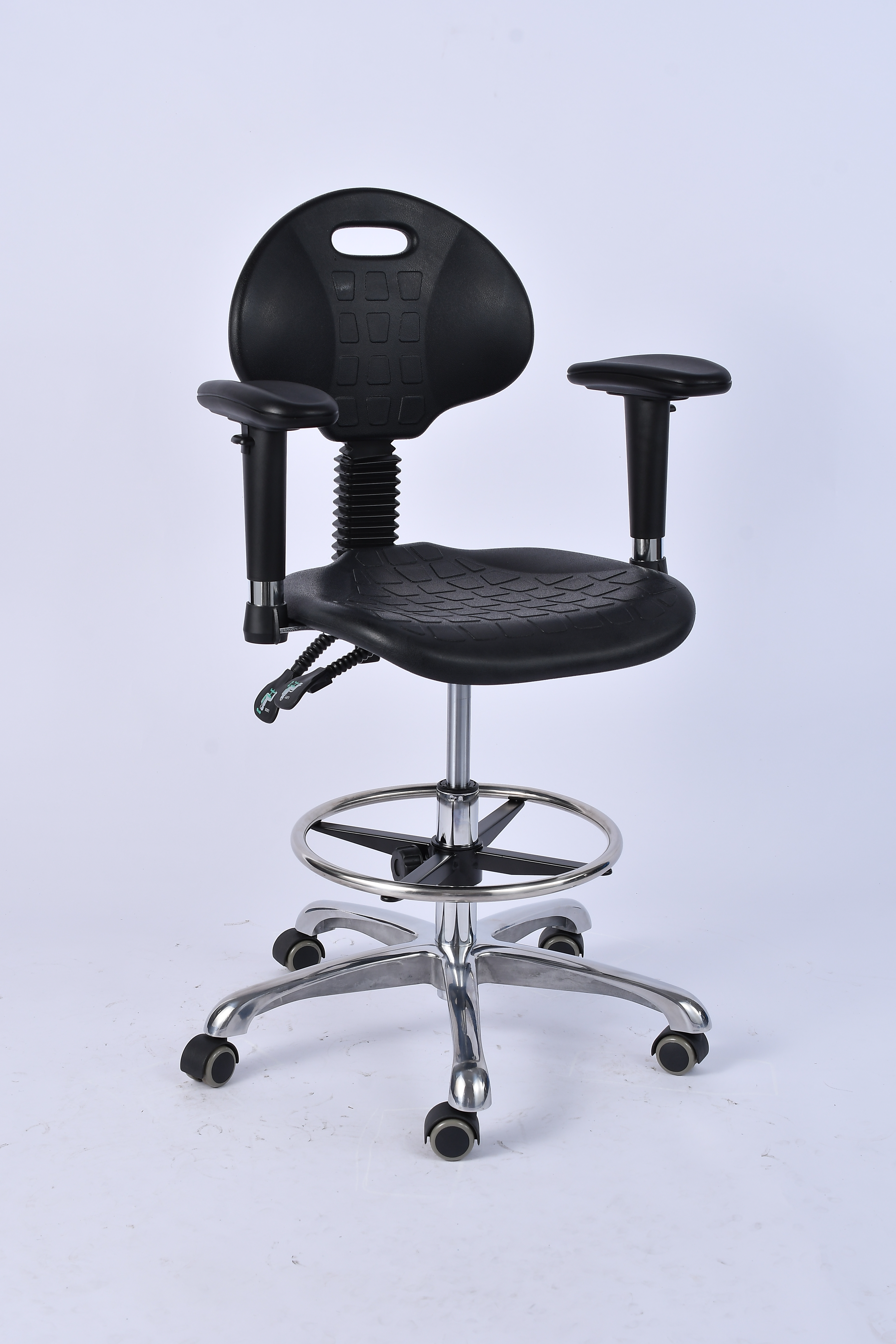 Industrial Polyurethane with Adjustable Casters and Chrome Foot Ring Lab Seating