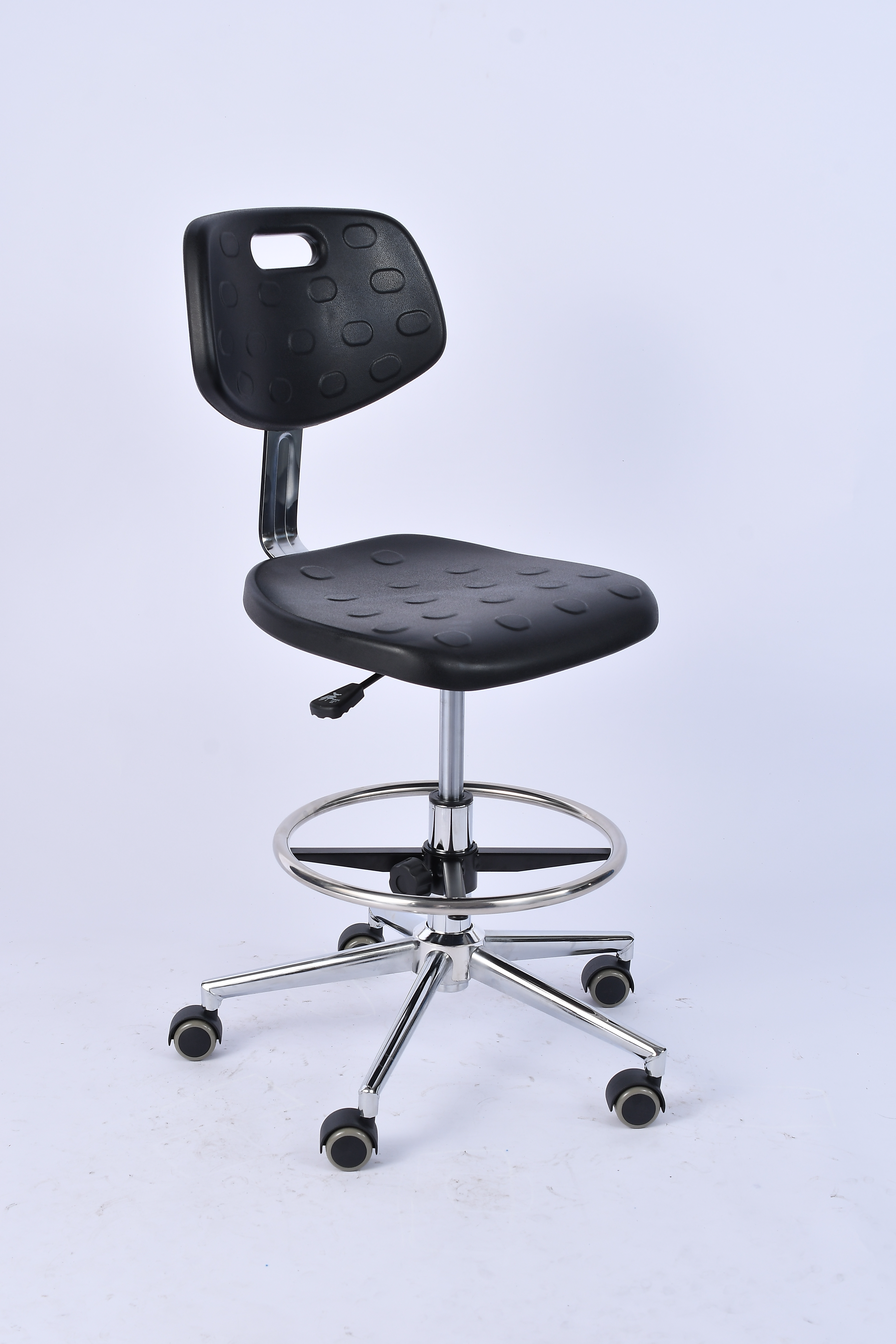 Industrial Polyurethane Adjustable Caster Wheels Chrome Foot Ring Lab Seating