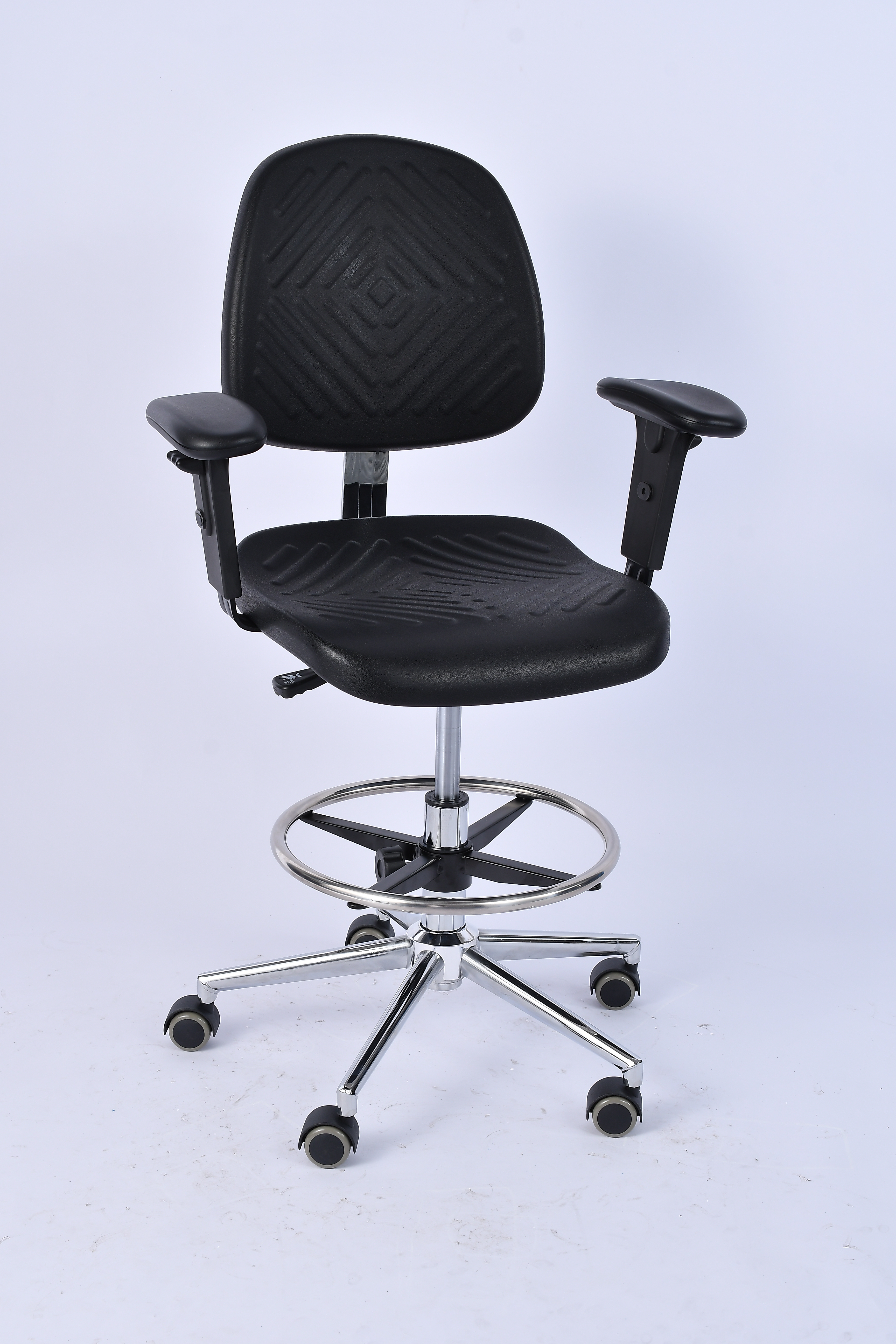 Industrial Polyurethane Adjustable with Chrome Foot Ring and Casters Lab Seating