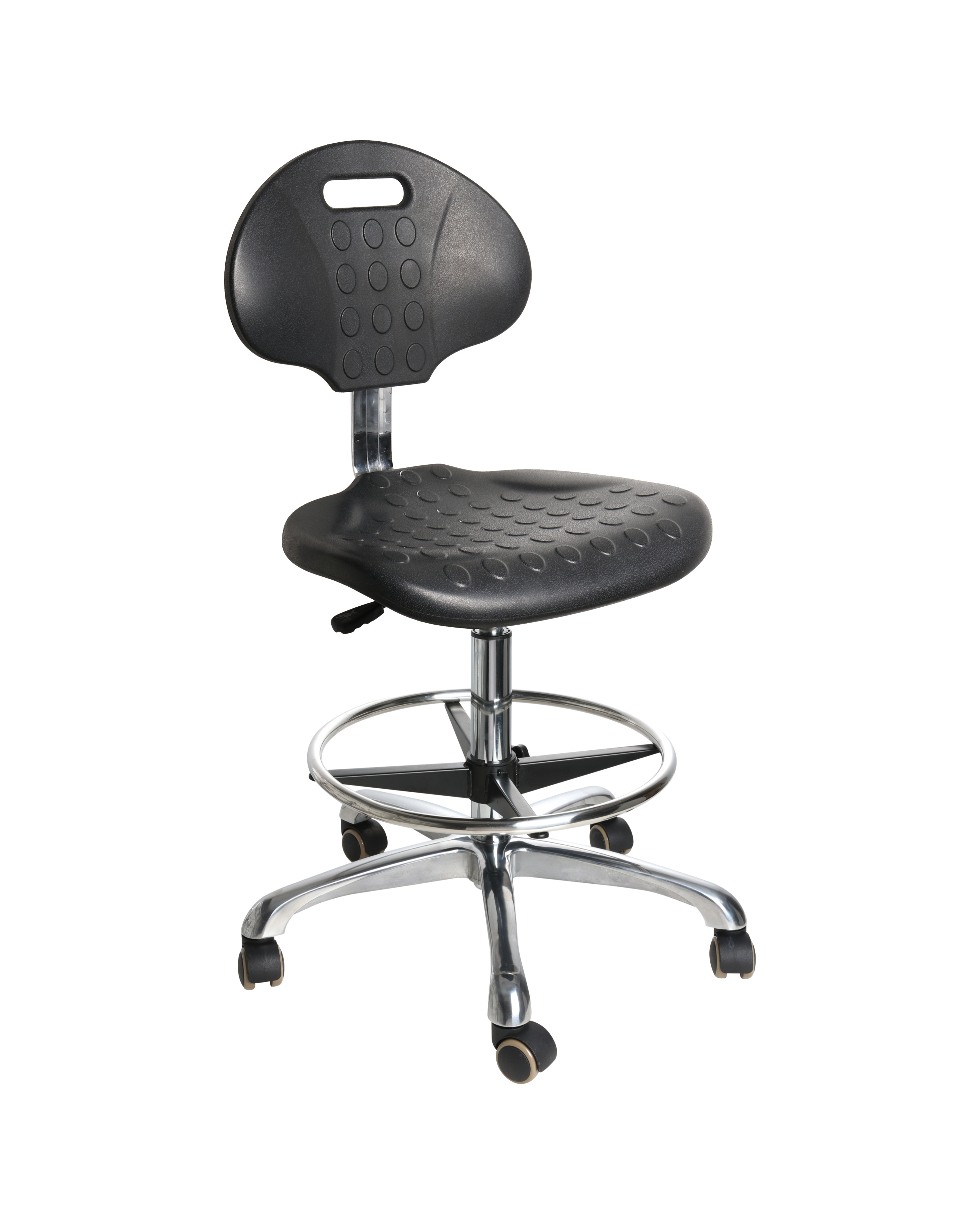Ergonomic Black Polyurethane Swivel Chair with Chrome Foot Ring and Casters Laboratory Chair