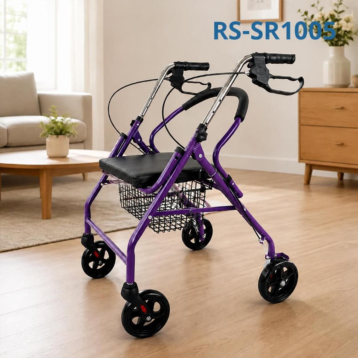 SR1005-PP   Steel Rollator Walker for Elderly Carbon Steel Frame Adjustable Height Foldable Design CE Certified Indoor/Outdoor