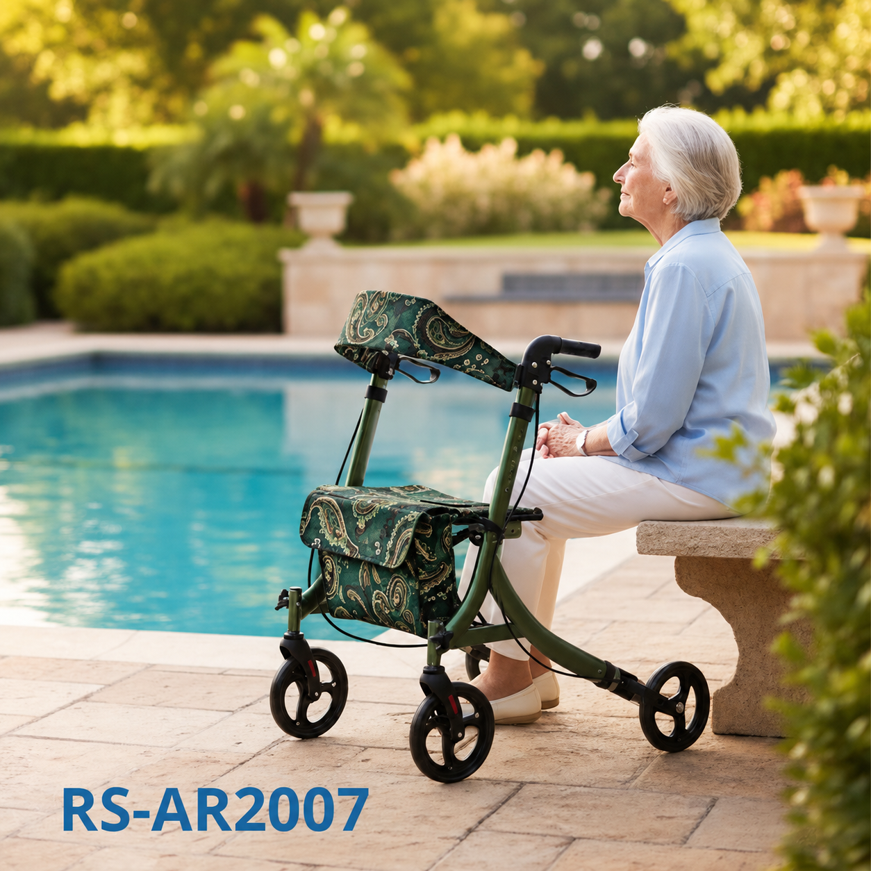 AR2007-G   Aluminum Green Outdoor Rollator for Rehabilitation Patients-Durable Comfortable Lightweight Mobility Solution