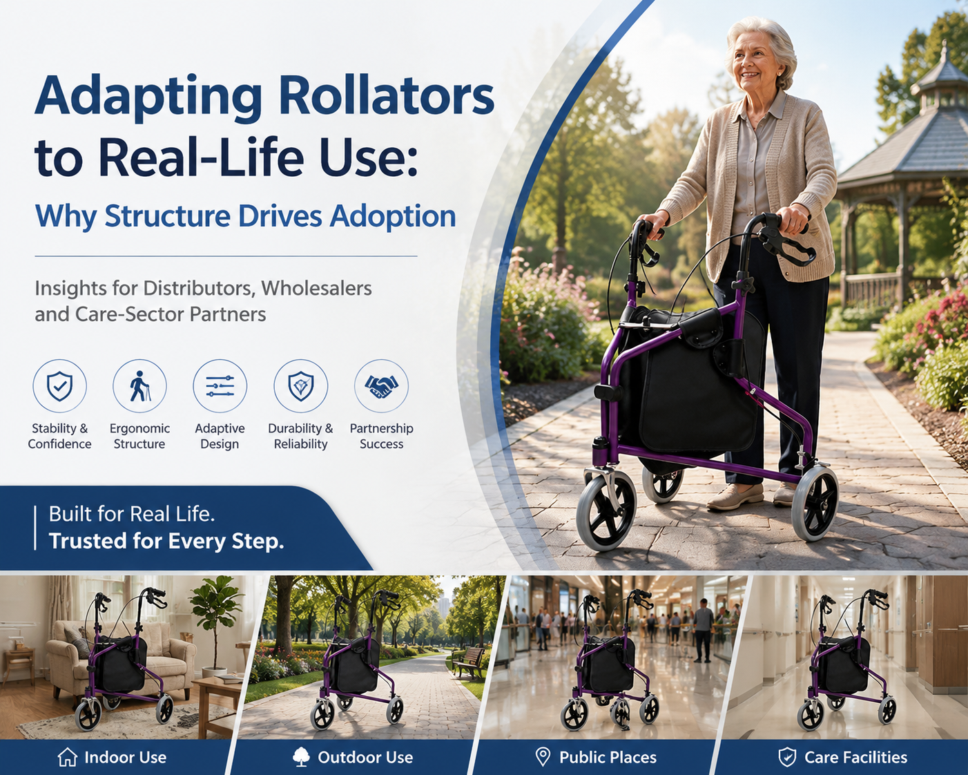 Real-world adoption depends on more than features—structural design determines stability, confidence, and daily usability, shaping whether rollators become trusted mobility partners or unused equipment across aging markets.