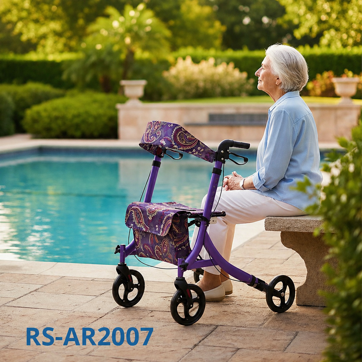 AR2007-PP    Special Aluminum Rollator for People Restricted Mobility Adjustable Handlebar 136kg Capacity Silver CE Certified
