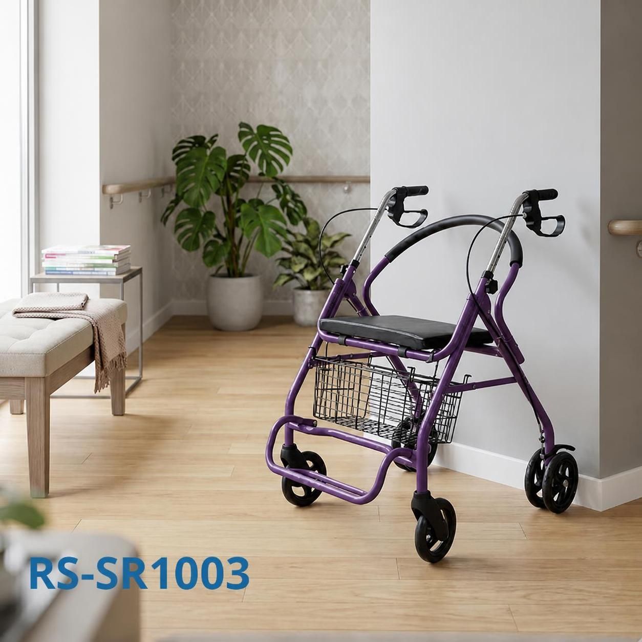 SR1003-PP   High-End OEM ODM Steel Rollator Walker for Elderly Compact Folding Steel Mobility Aid Seat Basket 150kg Capacity