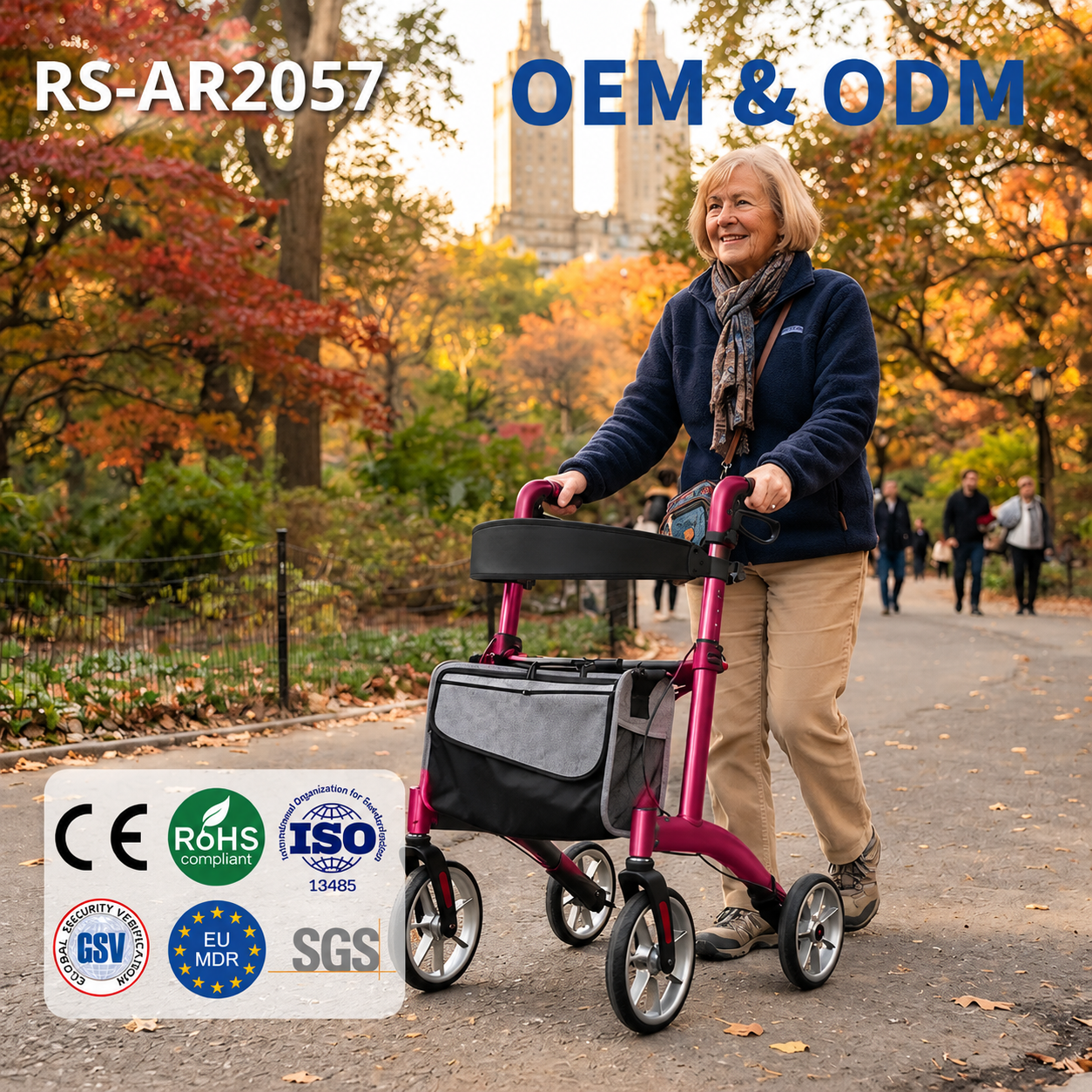AR2057-R  Foldable Indoor Aluminum Rollator Walker with Seat and Backrest for Elderly Mobility Aid Manufacturer