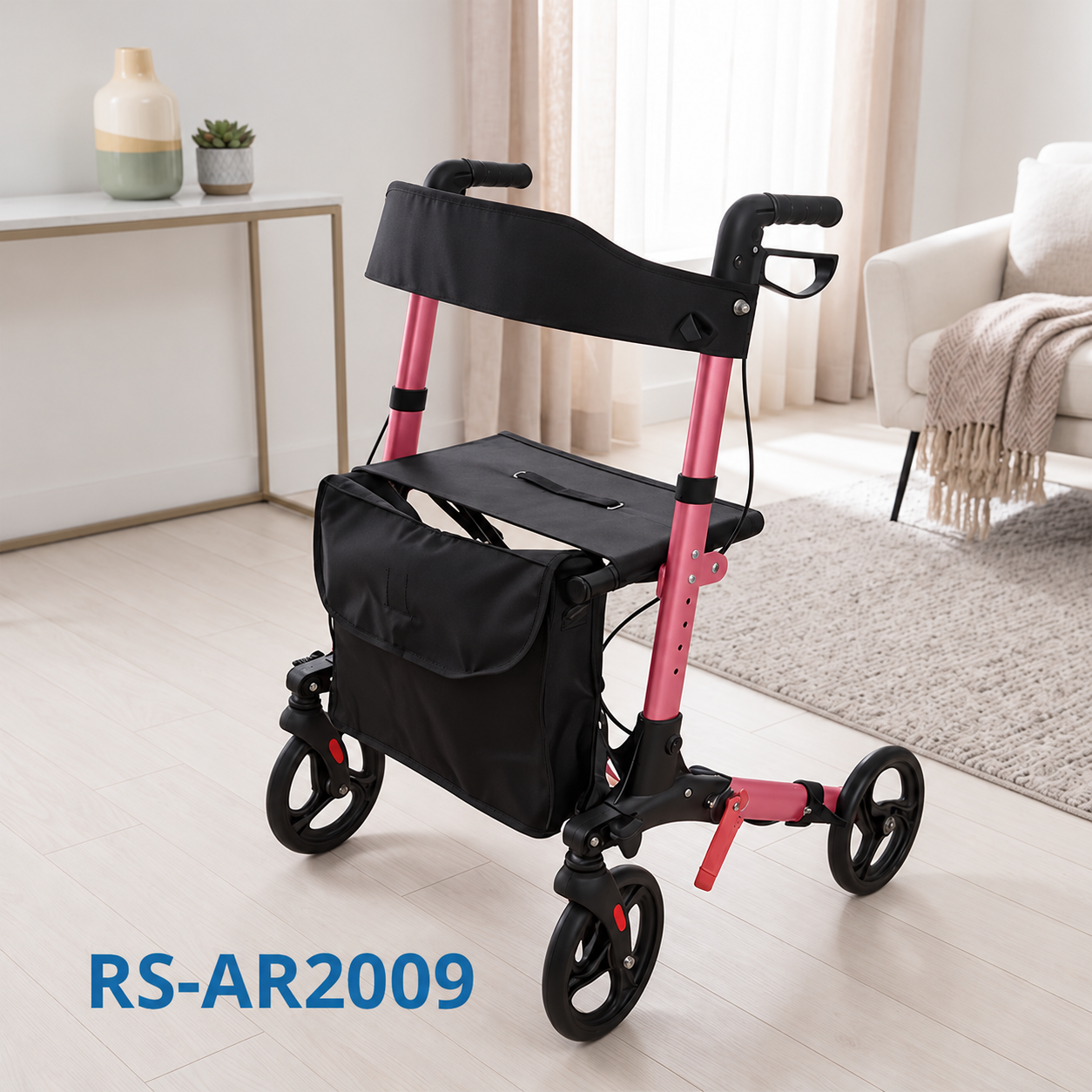AR2009-R   Lightweight Foldable Rollator Walker for Elderly Large Storage Bag Aluminum Mobility Aid Safe Outdoor Walking CE Certified