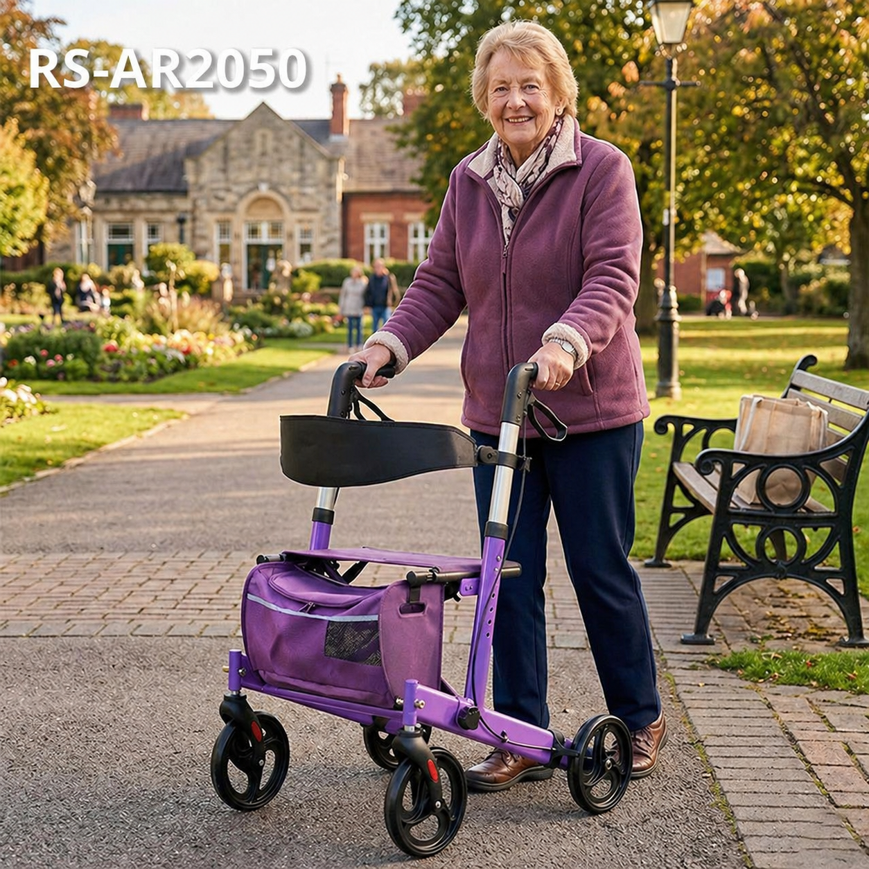 AR2050-PP  Aluminum Rollator Walker for Elderly Relaxsmith AR2050 CE Certified Foldable Lightweight Mobility Aid Seat Easy Storage Stable