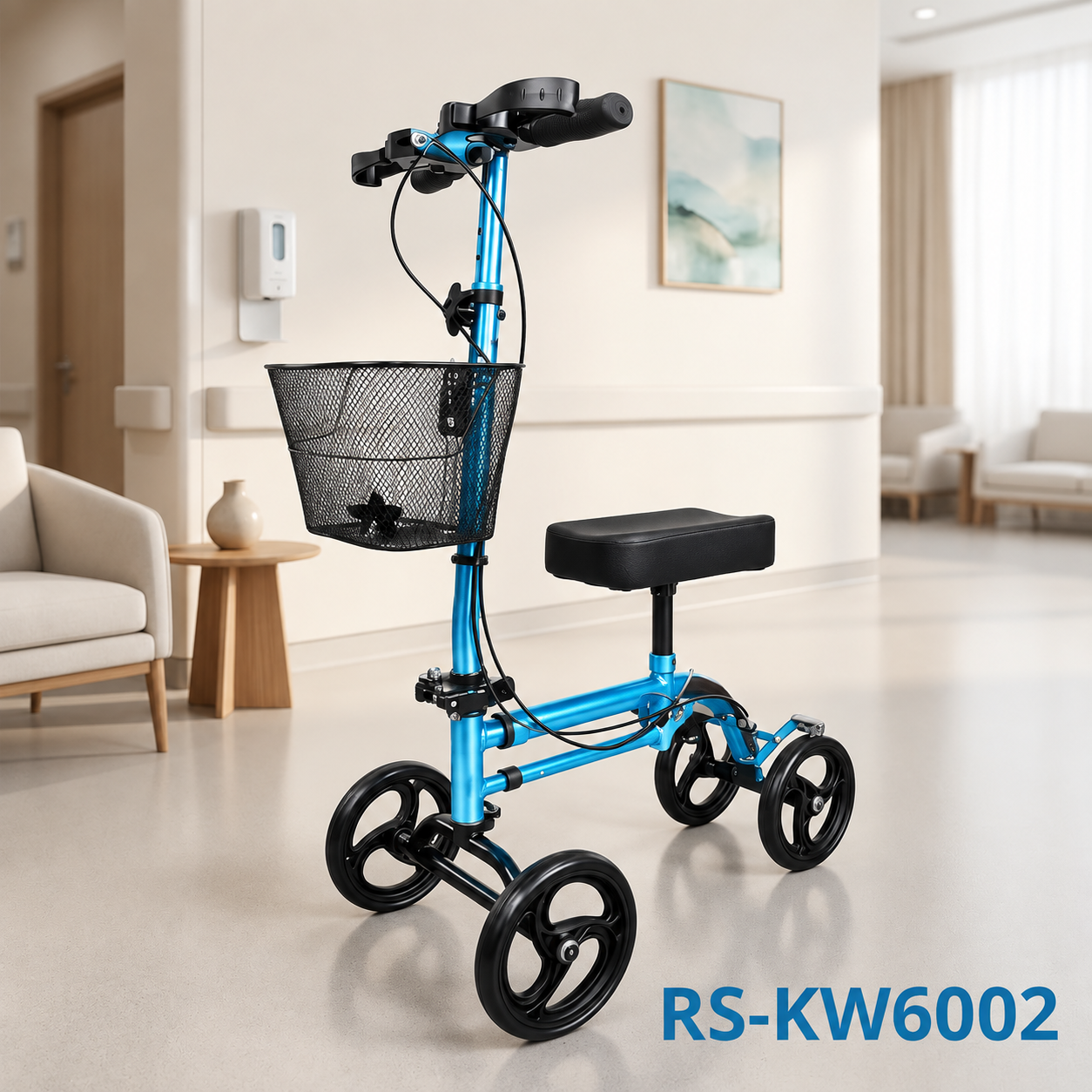 KW6002-B   Knee Scooter Walker OEM Foldable Aluminum Black Disc Brake Mobility Aid for Injured Leg Patients Adjustable Height Heavy Duty