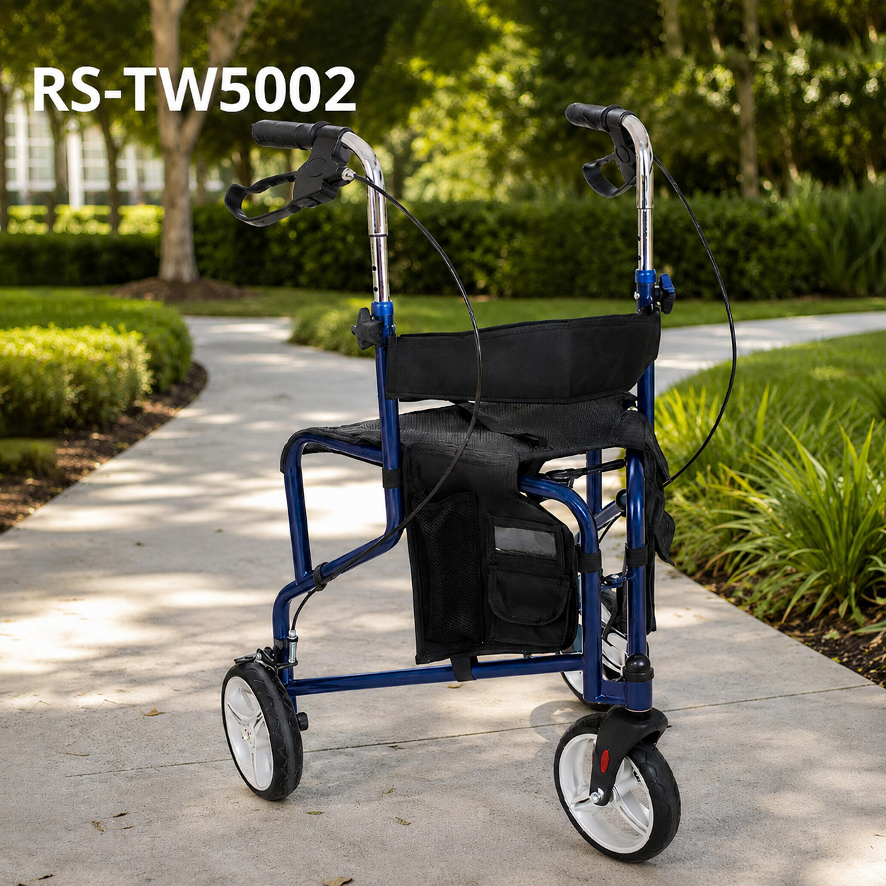 TW5002-B   Stainless Steel Three Wheels Rollator Walker for Elderly Lightweight Foldable Mobility Aid Seat Storage Bag