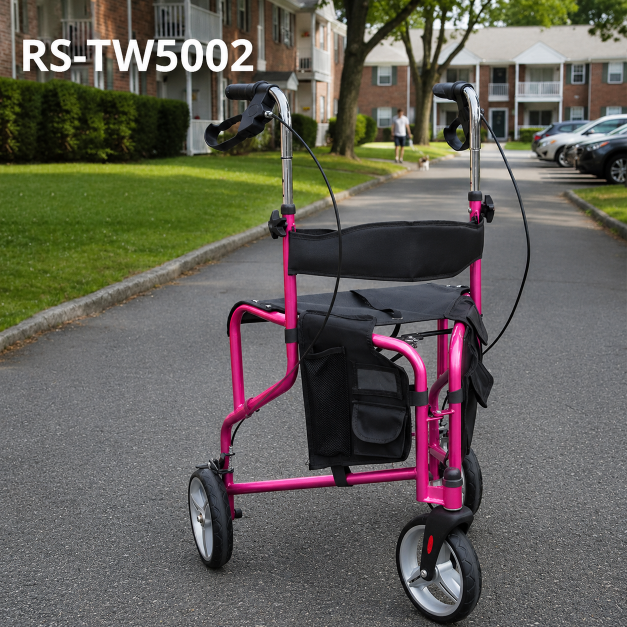 TW5002-R    Stainless Steel Three Wheels Rollator Walker for Elderly Lightweight Foldable Mobility Aid Seat Storage Bag
