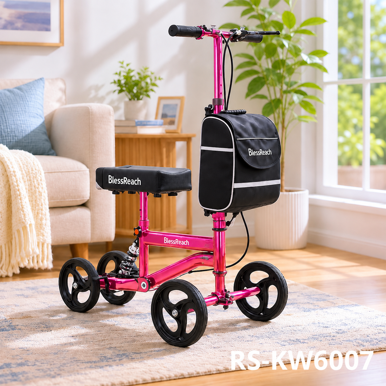 KW6007-R   Knee Walker Scooter for Elderly Foldable Steerable Lightweight Carbon Steel Mobility Aid for Foot Ankle Injury Support