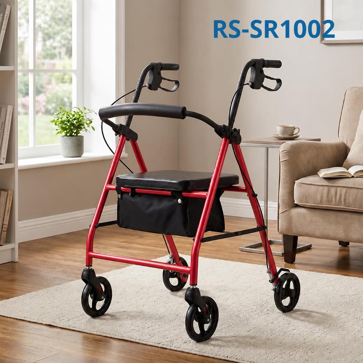 SR1002-R   Steel Rollator Walker for Elderly Carbon Steel Frame CE Certified Light Weight Comfortable Seat Easy Storage 100kg