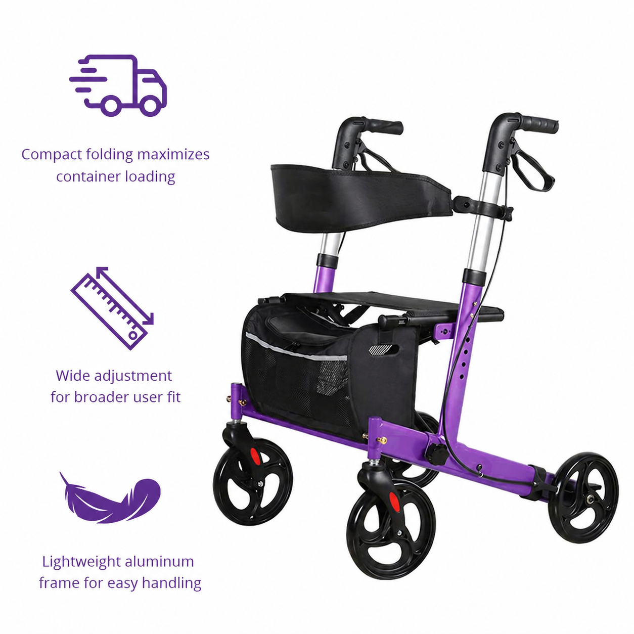 AR2050-PP  Aluminum Rollator Walker for Elderly Relaxsmith AR2050 CE Certified Foldable Lightweight Mobility Aid Seat Easy Storage Stable