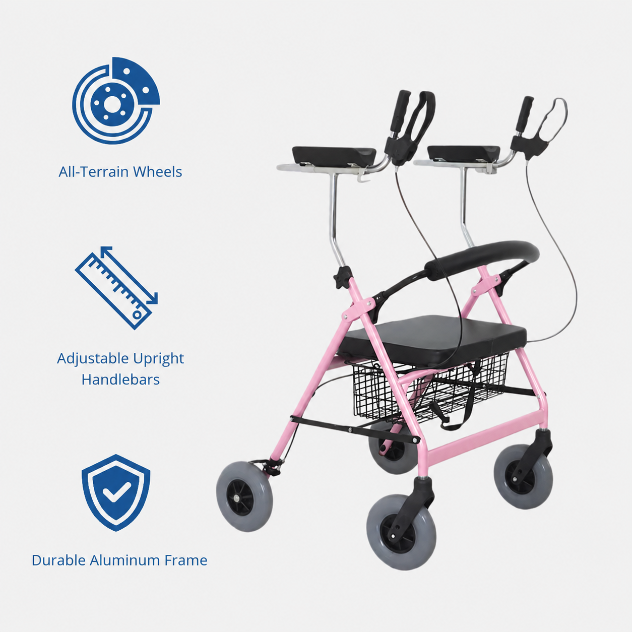 UR4002-P  Bariatric Rollator Walker RelaxSmith CE Certified Hospital-Use Lightweight Aluminum Frame Adjustable Height Indoor/Outdoor Use