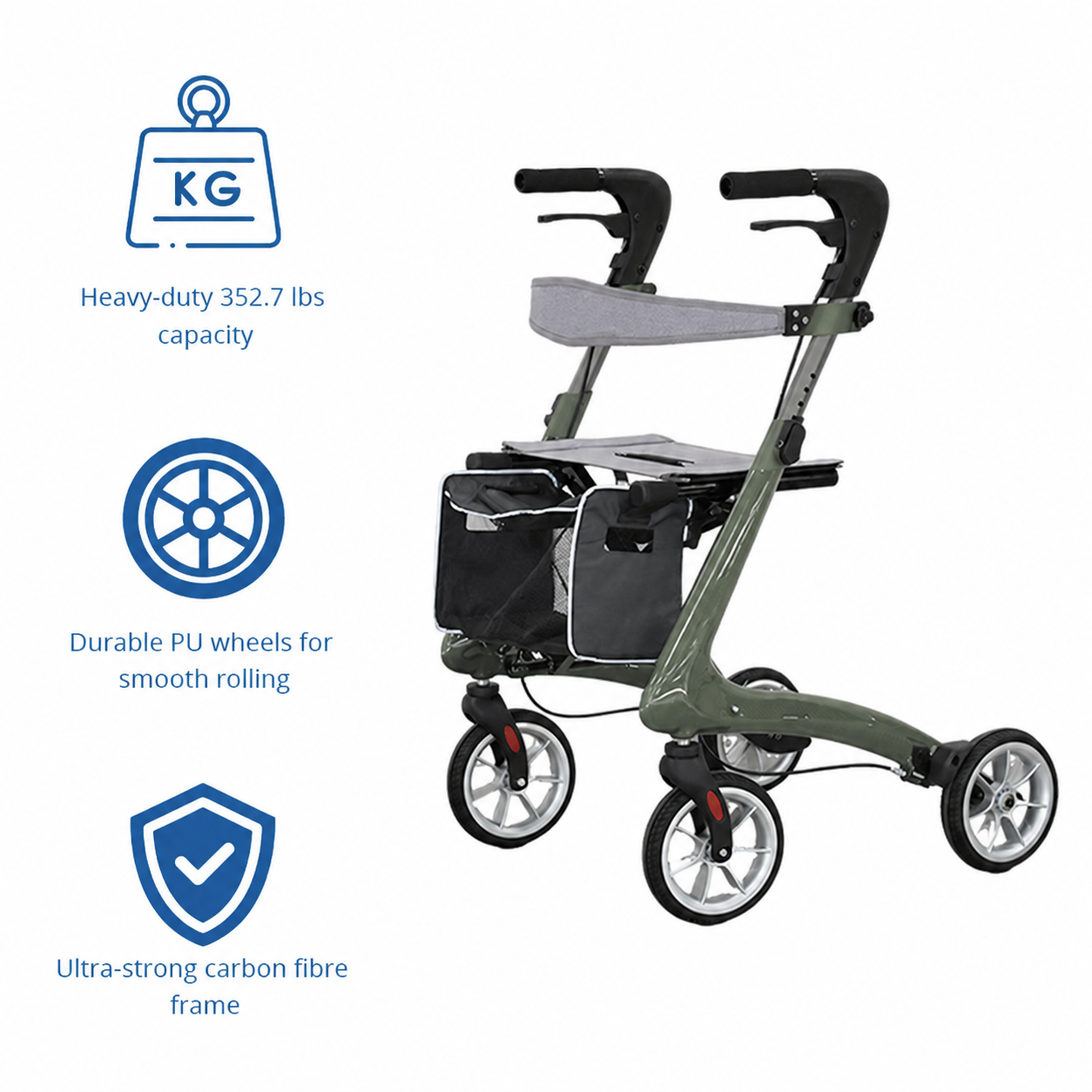 CR3005-G Carbon Fiber Rollator for Elderly - Lightweight Adjustable Height Large Storage Pouch Easy to Fold & Transport OEM ODM