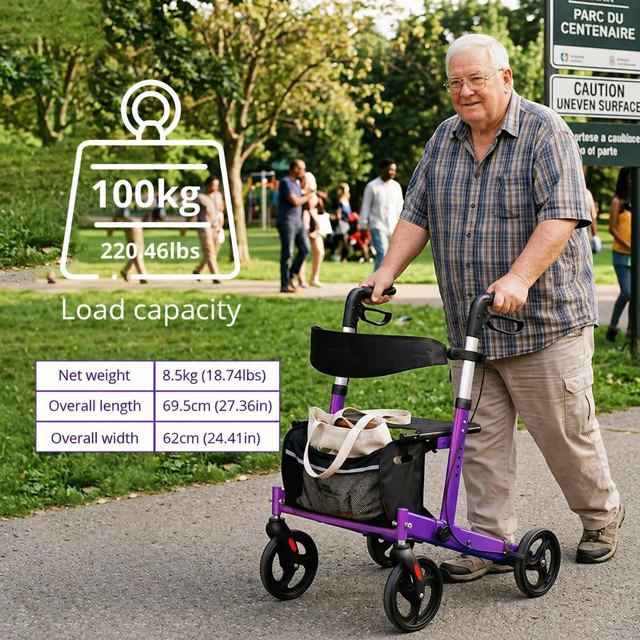 AR2050-PP  Aluminum Rollator Walker for Elderly Relaxsmith AR2050 CE Certified Foldable Lightweight Mobility Aid Seat Easy Storage Stable
