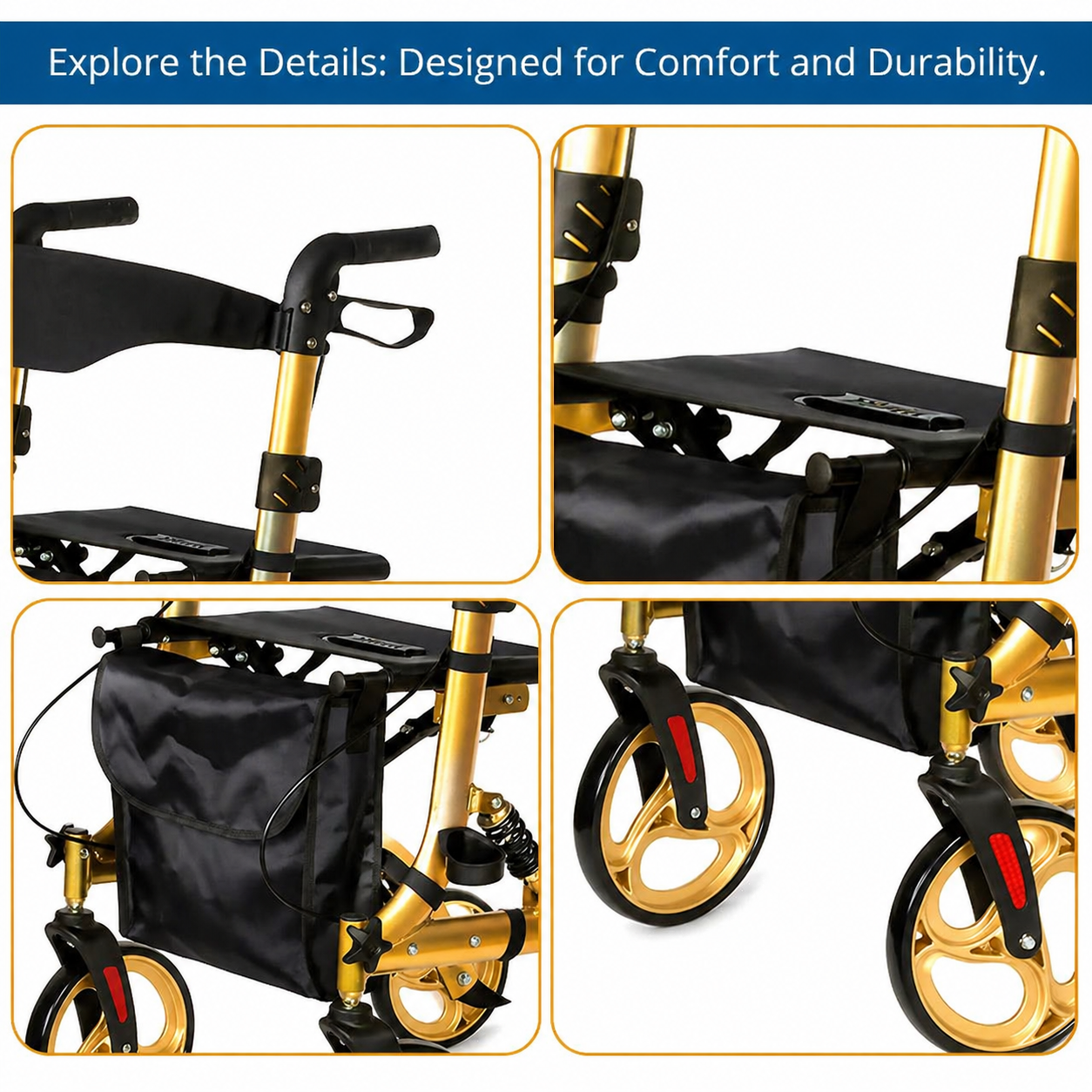 AR-2025-Y Rollator Walker for Elderly OEM ODM Premium Mobility Aid  Foldable Lightweight Comfortable Seat for Rehabilitation
