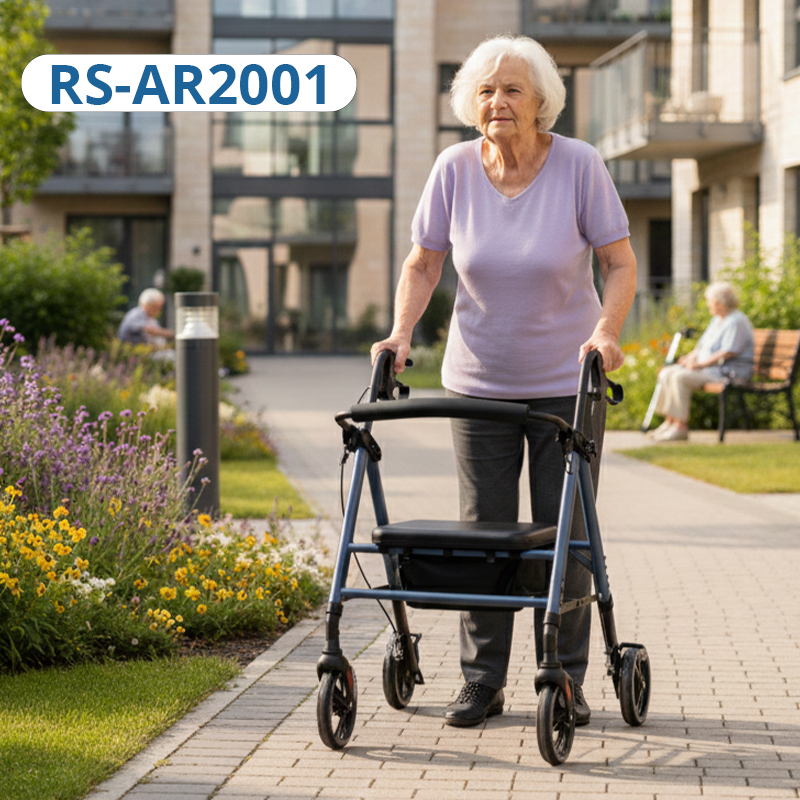 RS-AR2001 Elderly Care Services Foldable Aluminum Rollator Seat Basket Ergonomic Handles Designed for Rehabilitation Users Improve