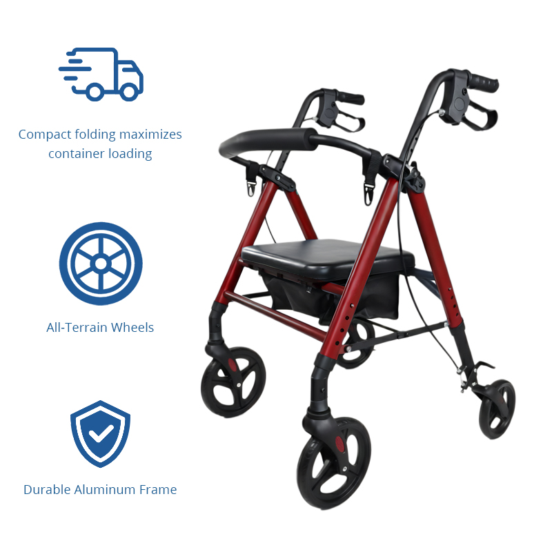 AR-2001-r Duty Aluminum Rollator Walker OEMODM Stable Foldable Walker with Seat for Elderly with Limited Mobility Easy Storage Lightweight