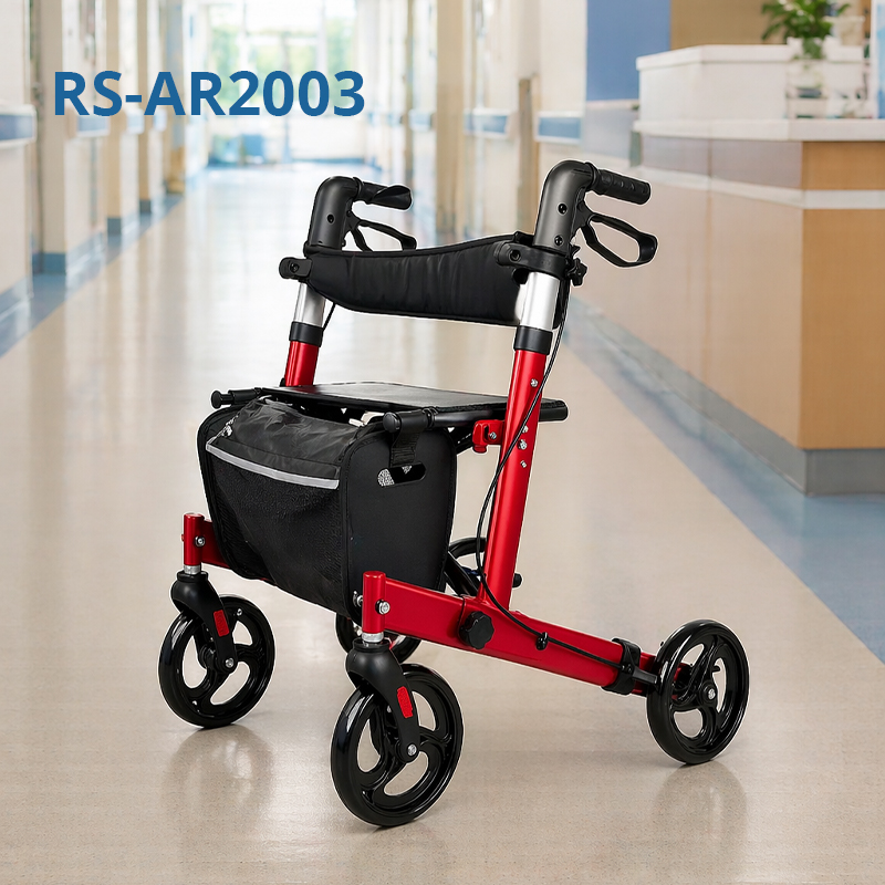 AR2-2003-r Aluminum Rollator Walker for Elderly Foldable Lightweight Mobility Aid OEM ODM Stable Safe Adjustable Height Medical Rollator