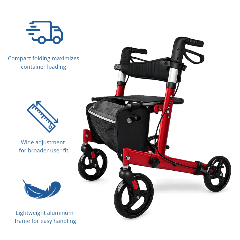 AR2-2003-r Aluminum Rollator Walker for Elderly Foldable Lightweight Mobility Aid OEM ODM Stable Safe Adjustable Height Medical Rollator