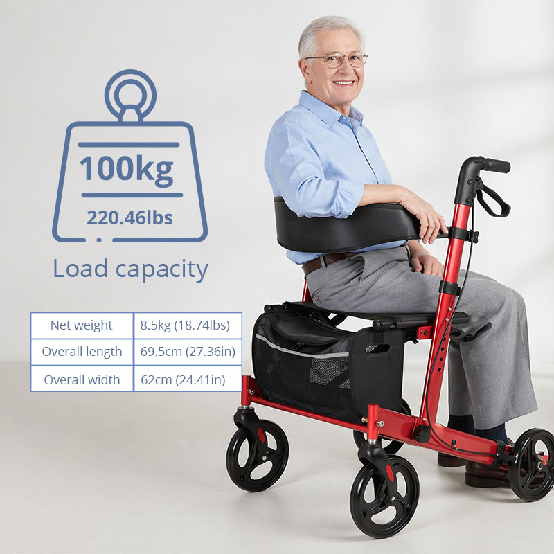 AR2-2003-r Aluminum Rollator Walker for Elderly Foldable Lightweight Mobility Aid OEM ODM Stable Safe Adjustable Height Medical Rollator