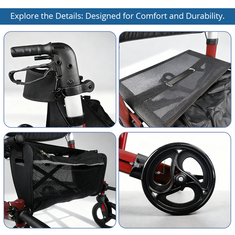 AR2-2003-r Aluminum Rollator Walker for Elderly Foldable Lightweight Mobility Aid OEM ODM Stable Safe Adjustable Height Medical Rollator