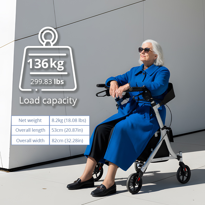 AR2007-PP    Special Aluminum Rollator for People Restricted Mobility Adjustable Handlebar 136kg Capacity Silver CE Certified