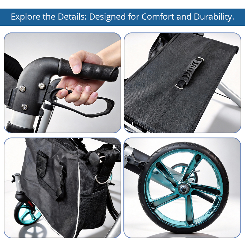 AR2007-BL  Aluminum Rollator People Restricted Mobility Adjustable Handlebar 136kg Capacity Silver CE Certified