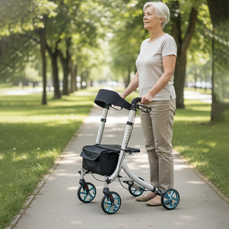 AR2007-PP    Special Aluminum Rollator for People Restricted Mobility Adjustable Handlebar 136kg Capacity Silver CE Certified