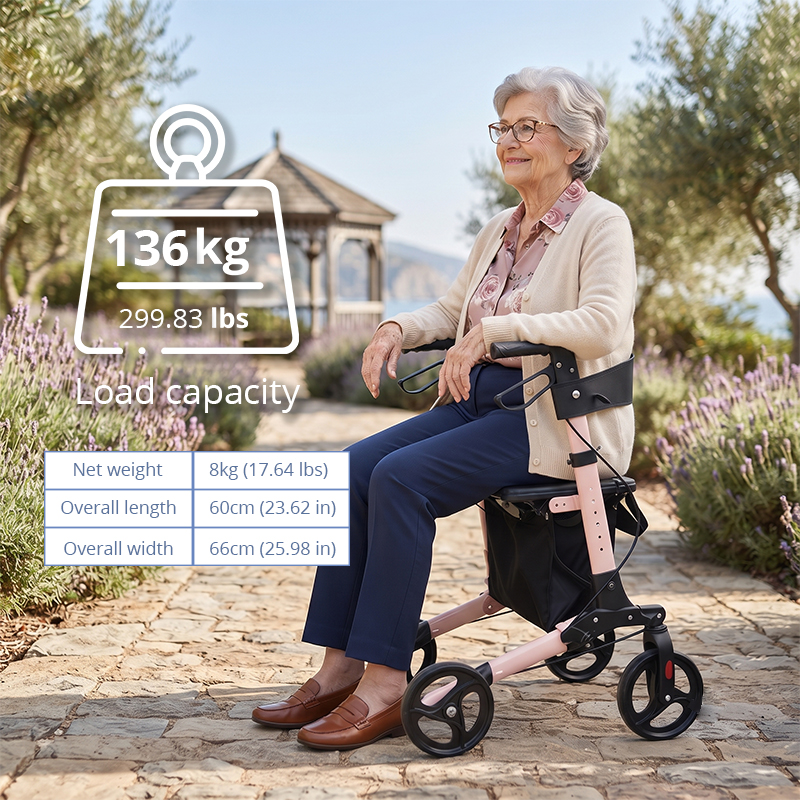 AR2009-P    Lightweight Foldable Rollator Walker for Elderly with Large Storage Bag, Aluminum Mobility Aid for Safe Outdoor Walking