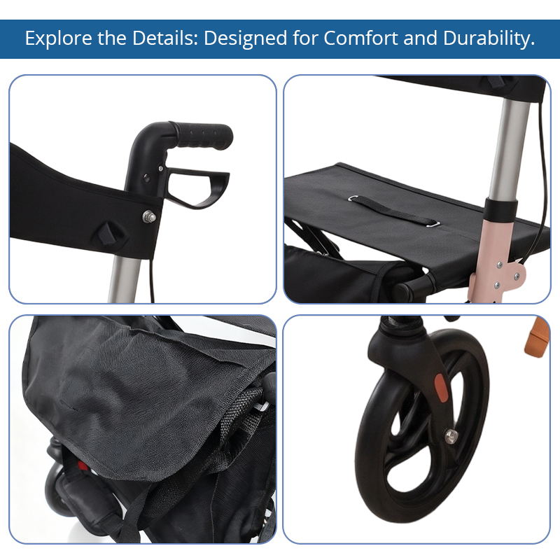 AR2009-P    Lightweight Foldable Rollator Walker for Elderly with Large Storage Bag, Aluminum Mobility Aid for Safe Outdoor Walking