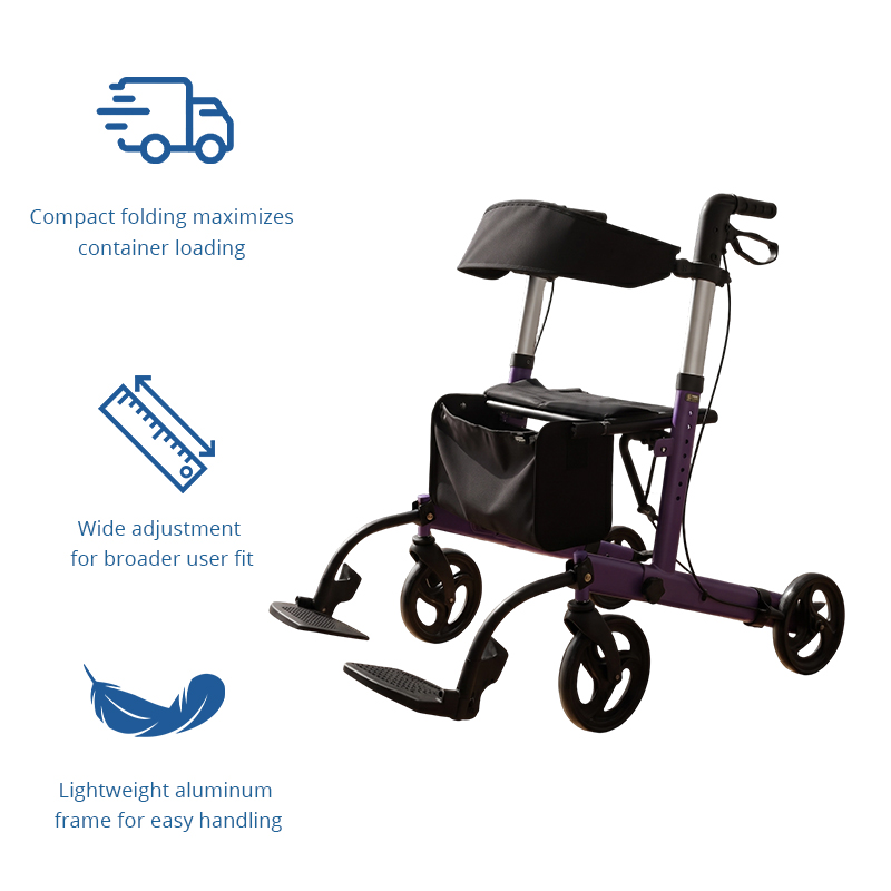 AR2010-PP   Aluminum Rollator Walker for Seniors with Footrest, Folding Mobility Aid with Storage Bag for Independent Living
